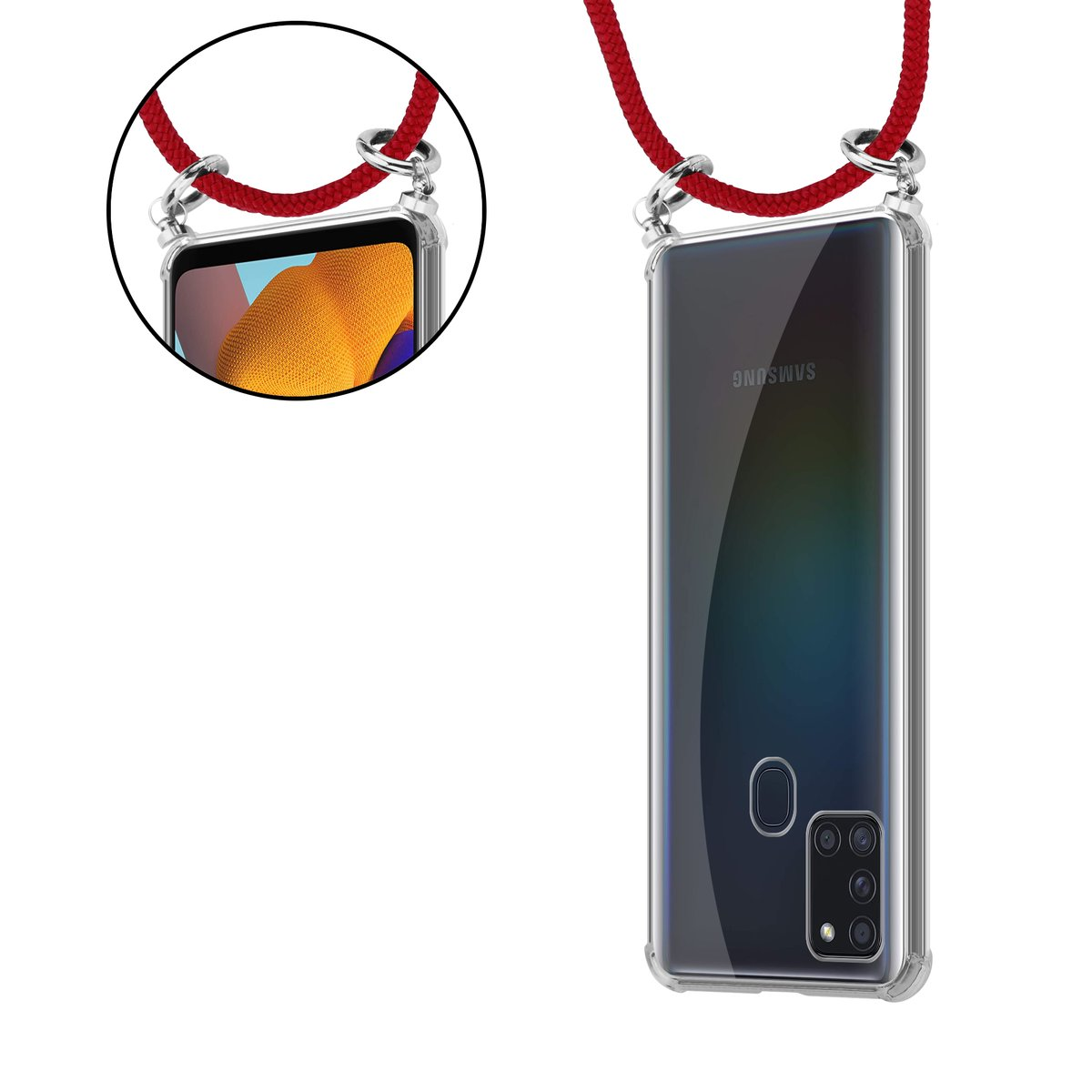 Una custodia per telefono con corda rossa e retro trasparente, che mostra un telefono all'interno. Il retro ha la scritta SAMSUNG.