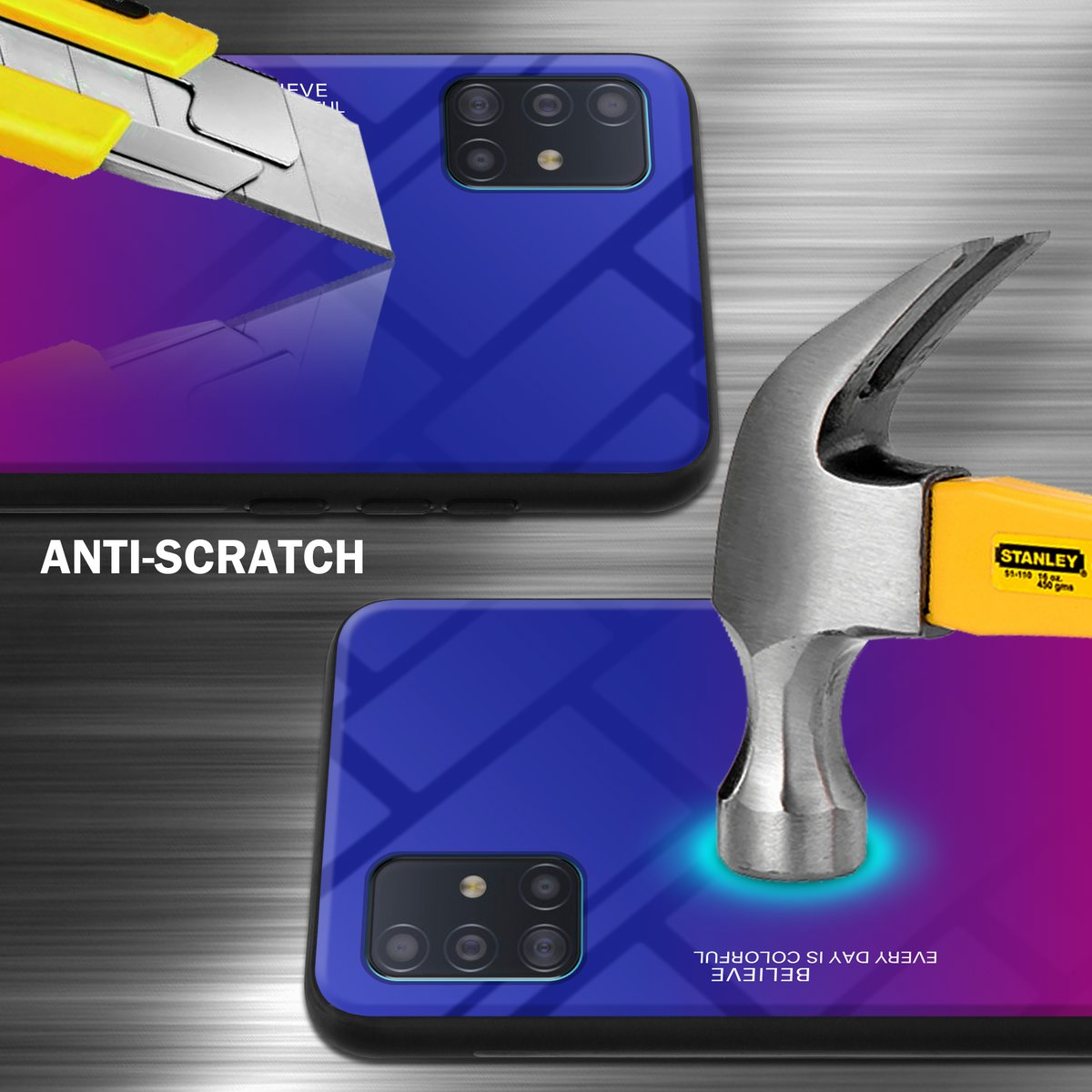 Una custodia per telefono viene graffiata da un rasoio. La custodia del telefono è blu e viola. Viene mostrato il testo antigraffio.