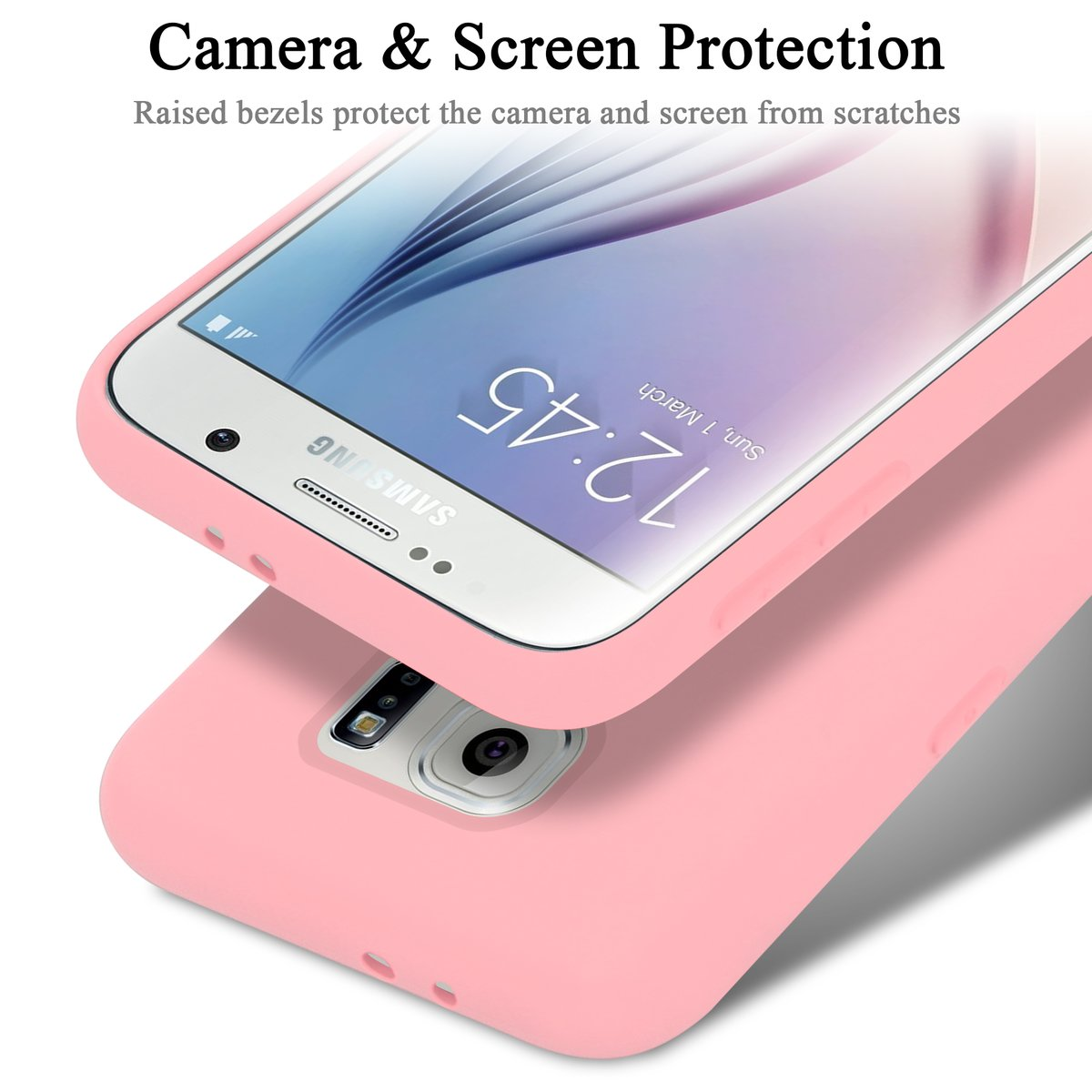 Rosa Handyhülle auf weißem Handy. Schützt Bildschirm und Kamera.