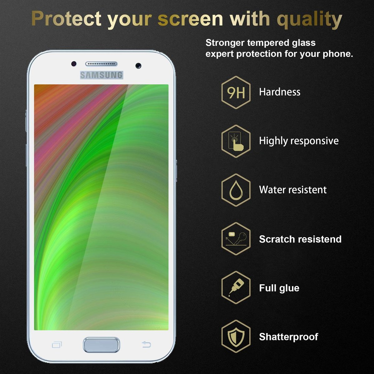 Schermo del telefono con protezione e testo sulle funzioni. Telefono blu.