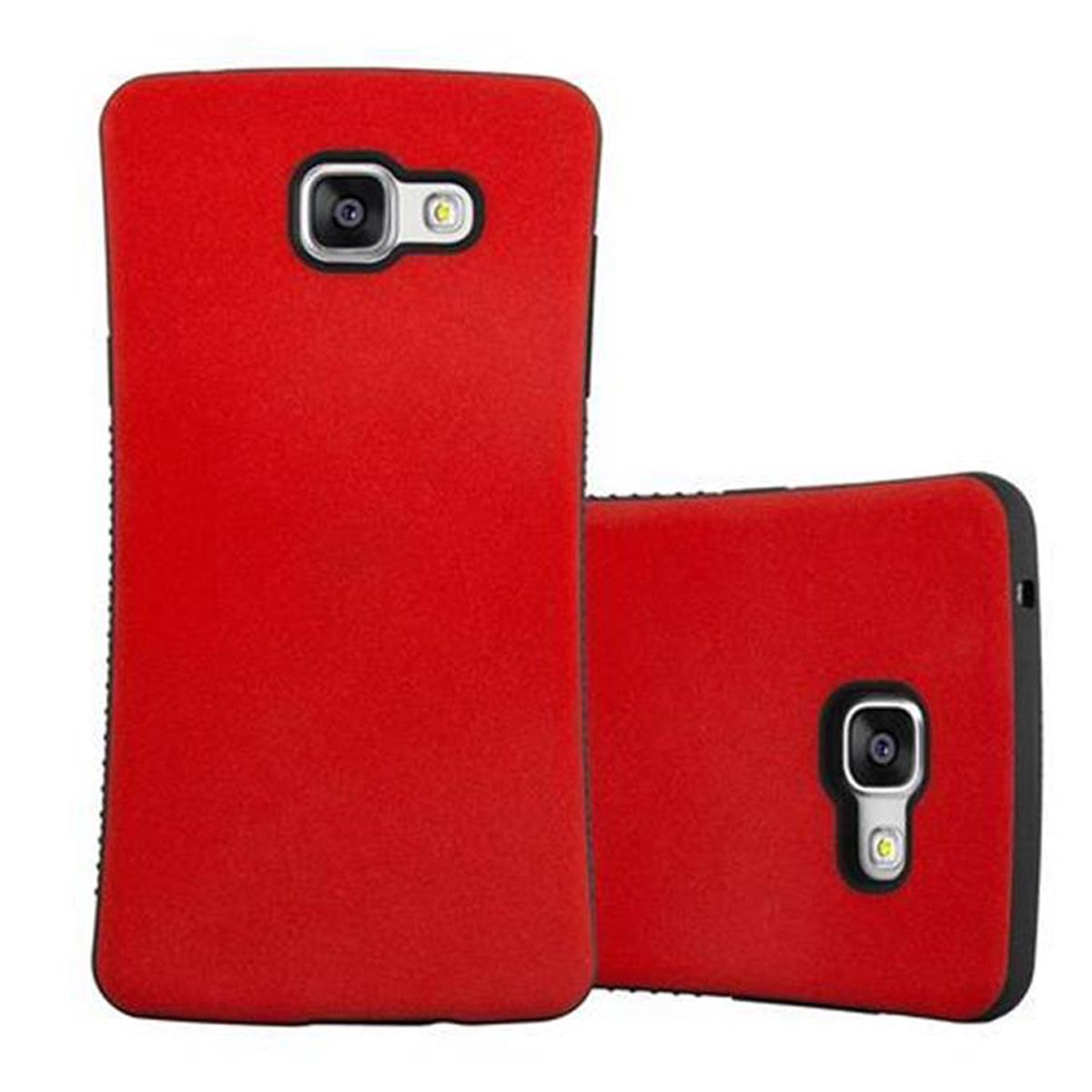 Dos fundas rojas para teléfono. Una es la parte trasera y la otra la delantera. Fondo blanco.