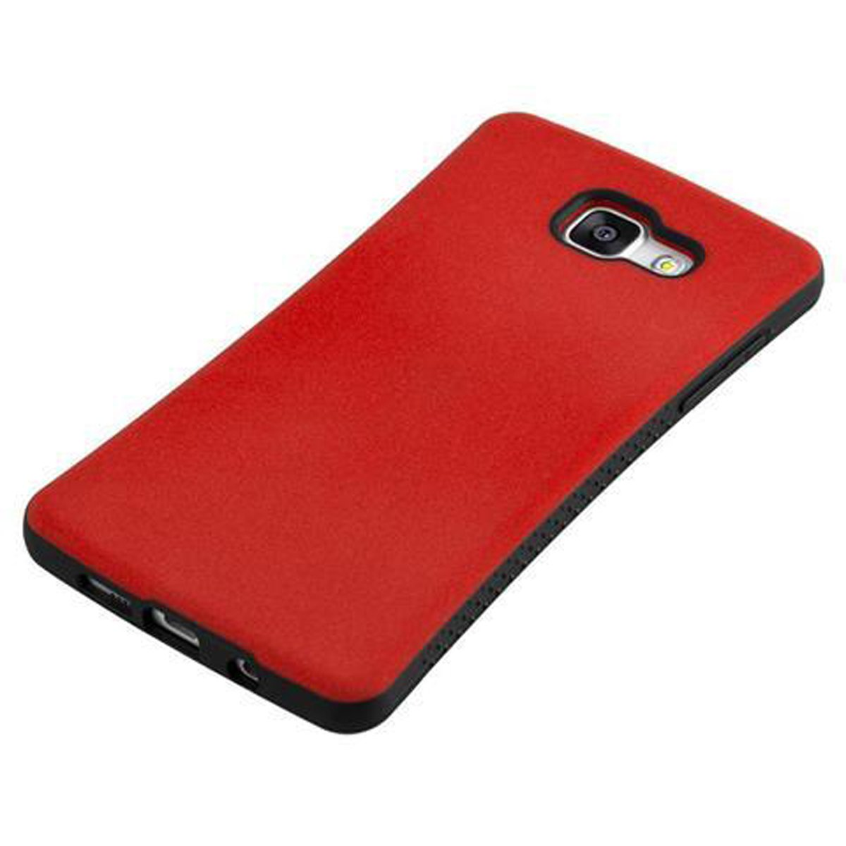 Funda roja para teléfono. La funda es de un color sólido. La parte trasera del teléfono es visible y tiene una cámara.