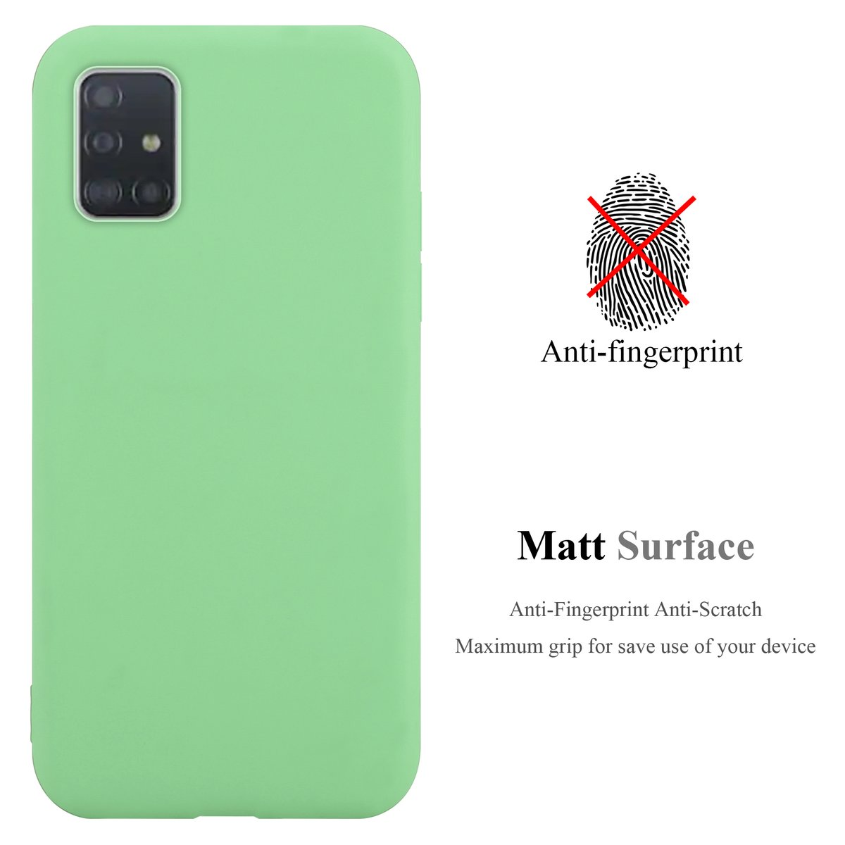 Custodia del telefono. Custodia verde opaca. Icona dell'impronta digitale con una X rossa. Testo: Anti-impronte digitali. Superficie opaca.