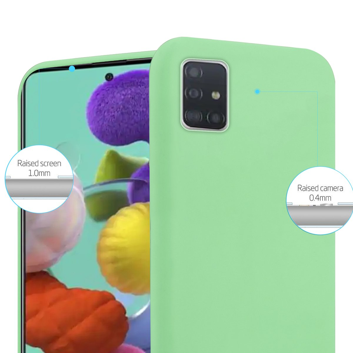 Custodia per telefono verde chiaro con dettagli. Dettagli dello schermo e della fotocamera rialzati.