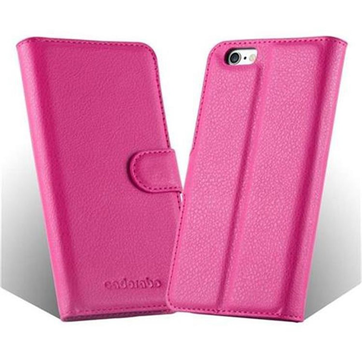 Custodia per telefono rosa, aperta per rivelare il telefono. La custodia è rosa.