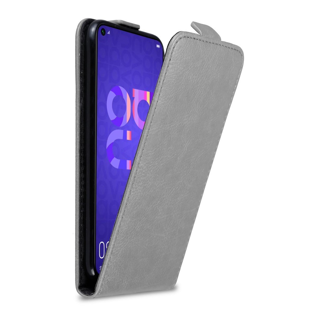 Eine graue Handyhülle mit einem Telefon darin wird angezeigt. Das Telefon ist in der geöffneten Hülle sichtbar.