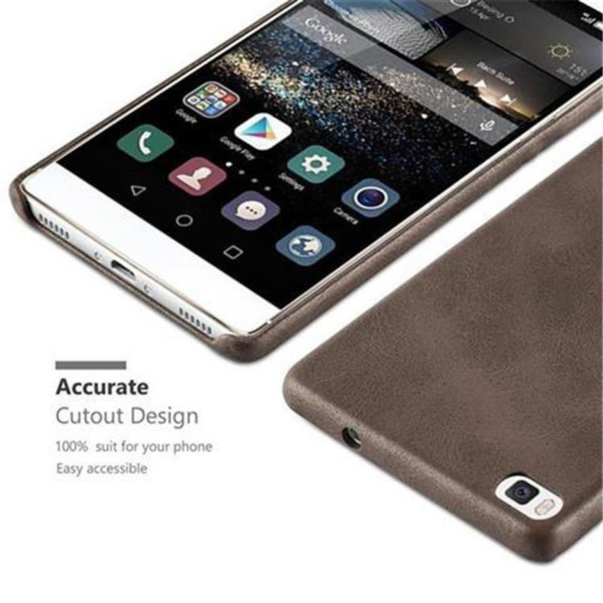Primo piano di un telefono con custodia in pelle marrone. Schermo con icone di app. Testo: 'Accurate Cutout Design'.