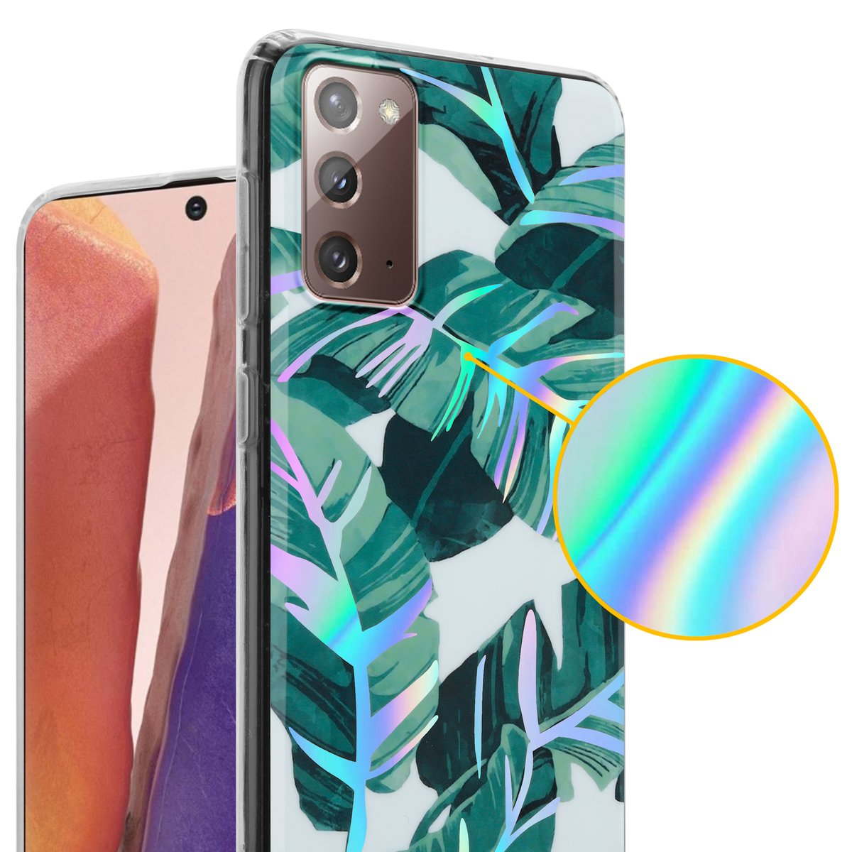Una custodia per telefono con un design a foglie. La custodia è trasparente con foglie verdi e un effetto olografico.