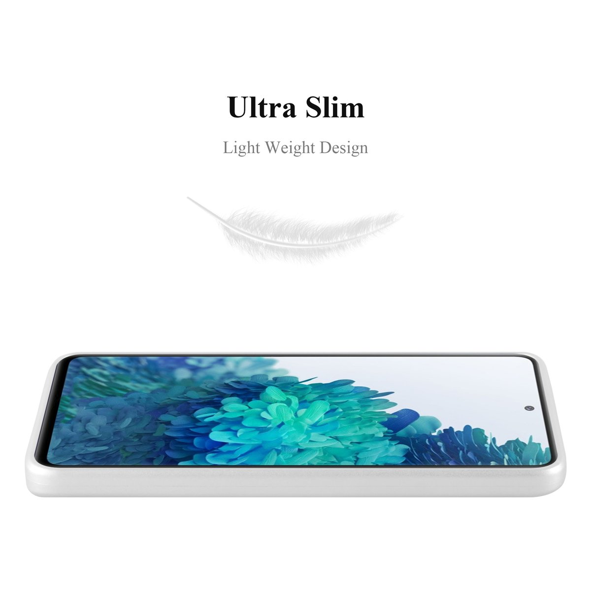 Weiße Handyhülle mit Federgrafik. Der Text lautet 'Ultra Slim' und 'Light Weight Design'.