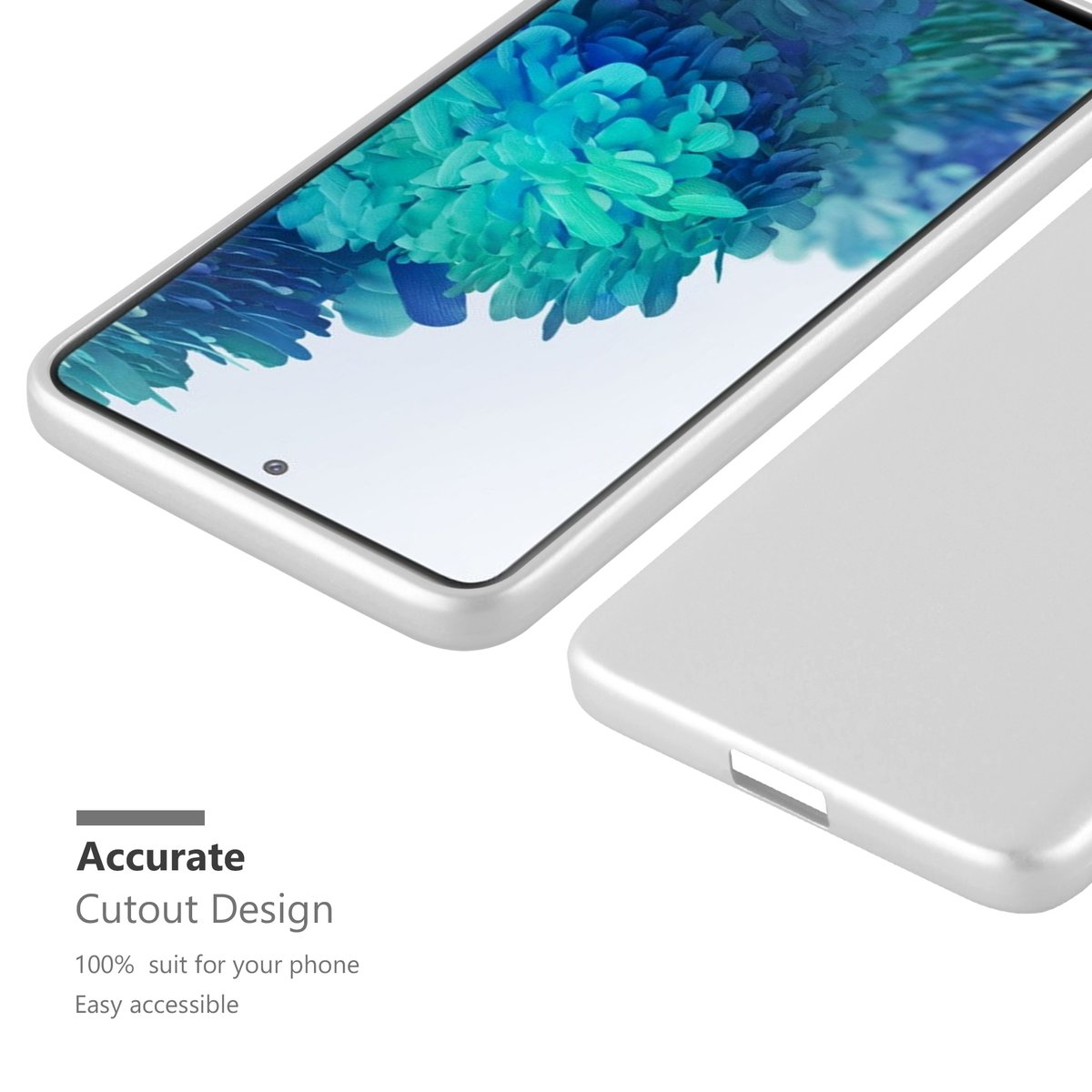 Ein Telefon mit silbernem Rahmen neben einer silbernen Rückwand, die Produktdetails anzeigt.