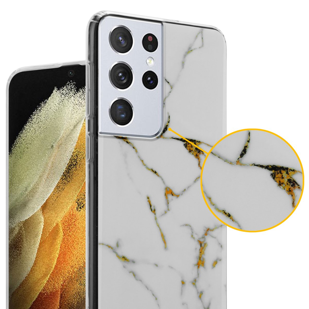 Custodia per telefono con motivo marmorizzato. Base bianca con venature dorate. Telefono a sinistra.