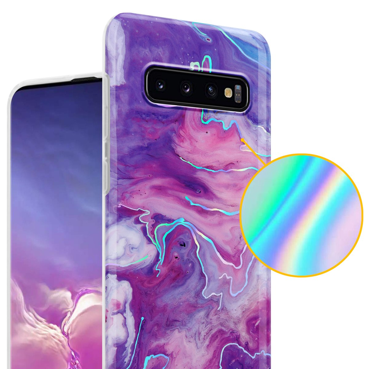 Un telefono in una custodia con un design colorato. Un'area ingrandita mostra un effetto di colore.