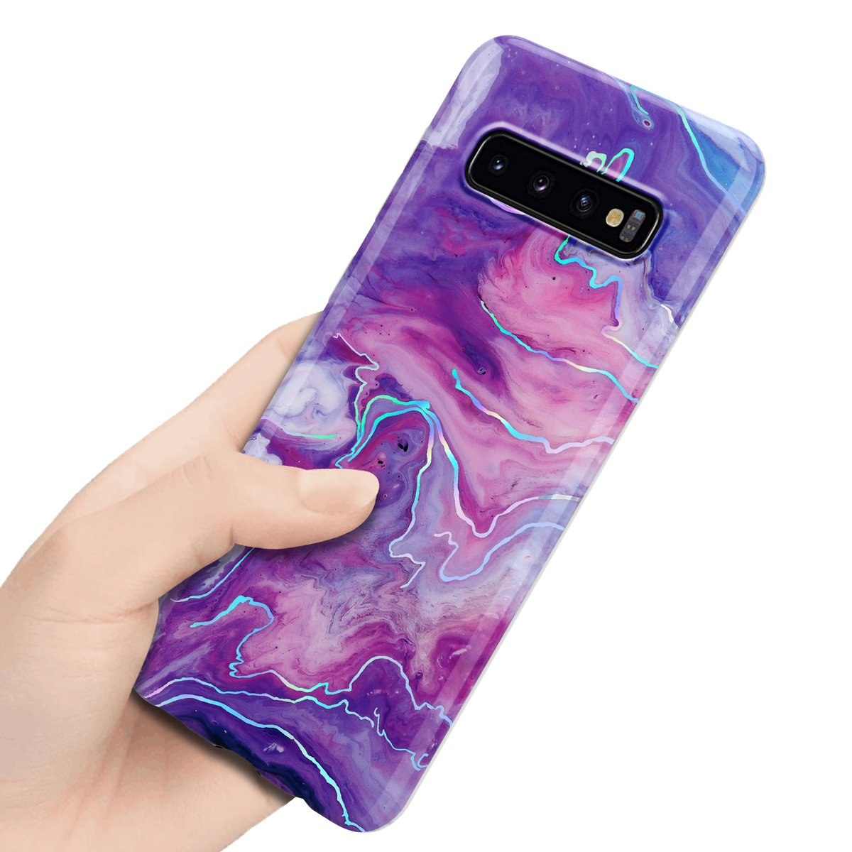 Mano che tiene un telefono con custodia a marmo viola e rosa.