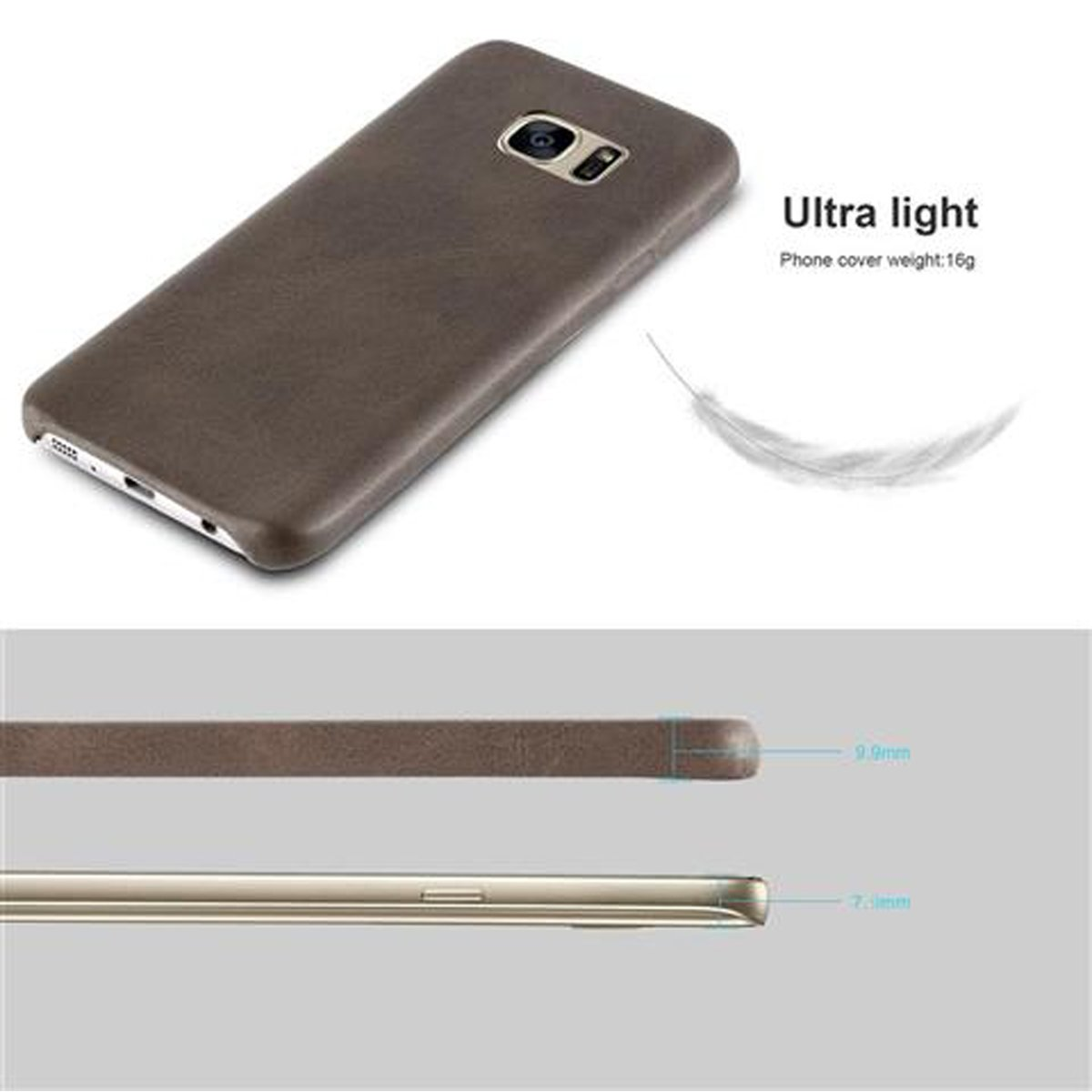 Una custodia per telefono marrone con un telefono all'interno. Il testo dice 'Ultra light'. La custodia è spessa 7,5 mm.