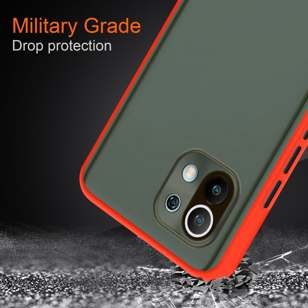 Una custodia per telefono rossa e verde, con un telefono all'interno, e le parole 'Military Grade'.