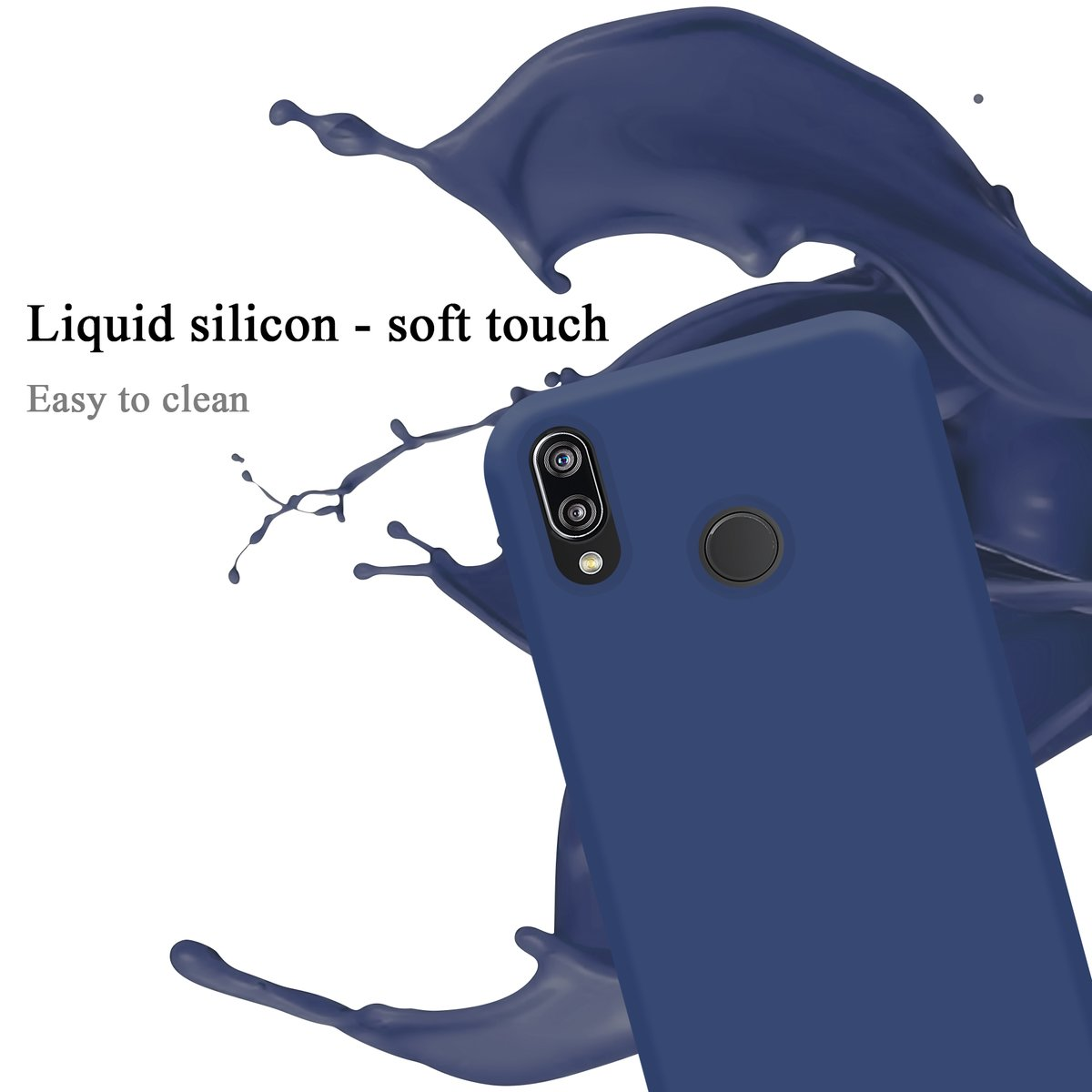 Custodia blu per telefono con schizzo di liquido. Testo: Silicone liquido - tocco morbido. Facile da pulire.