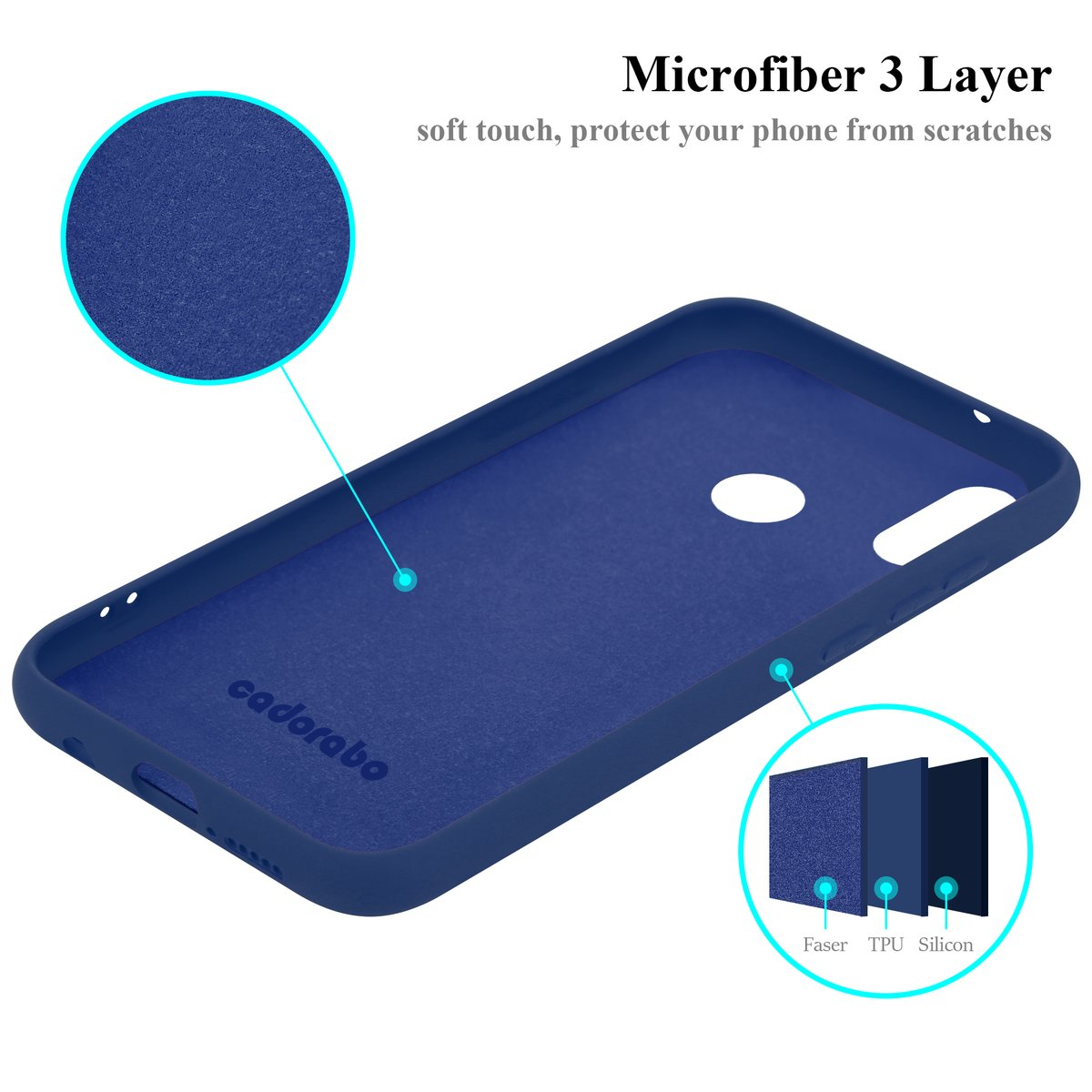 Interno della custodia del telefono blu con strati di materiale e testo descrittivo.