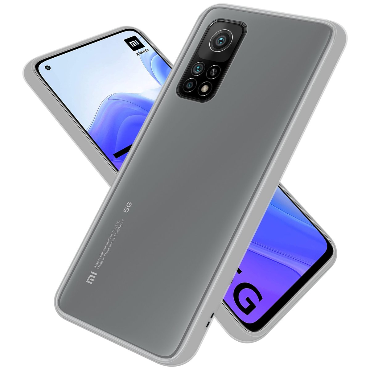 Eine graue Handyhülle mit einem Telefon darin. Das Telefon hat ein farbenfrohes Display und einen Kamera-Buckel.