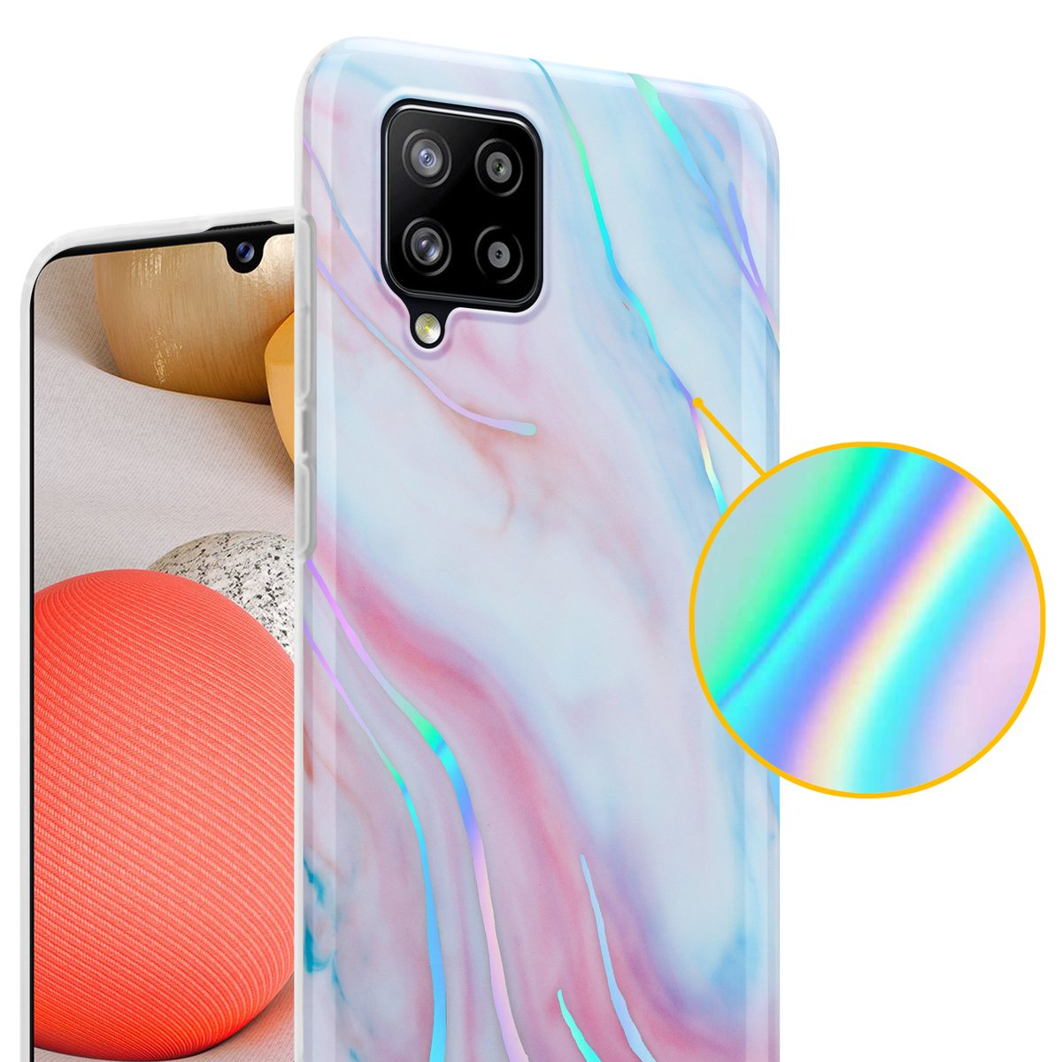 Custodia per telefono in marmo bianco e rosa con ritagli per fotocamera. Dettaglio: colori iridescenti.