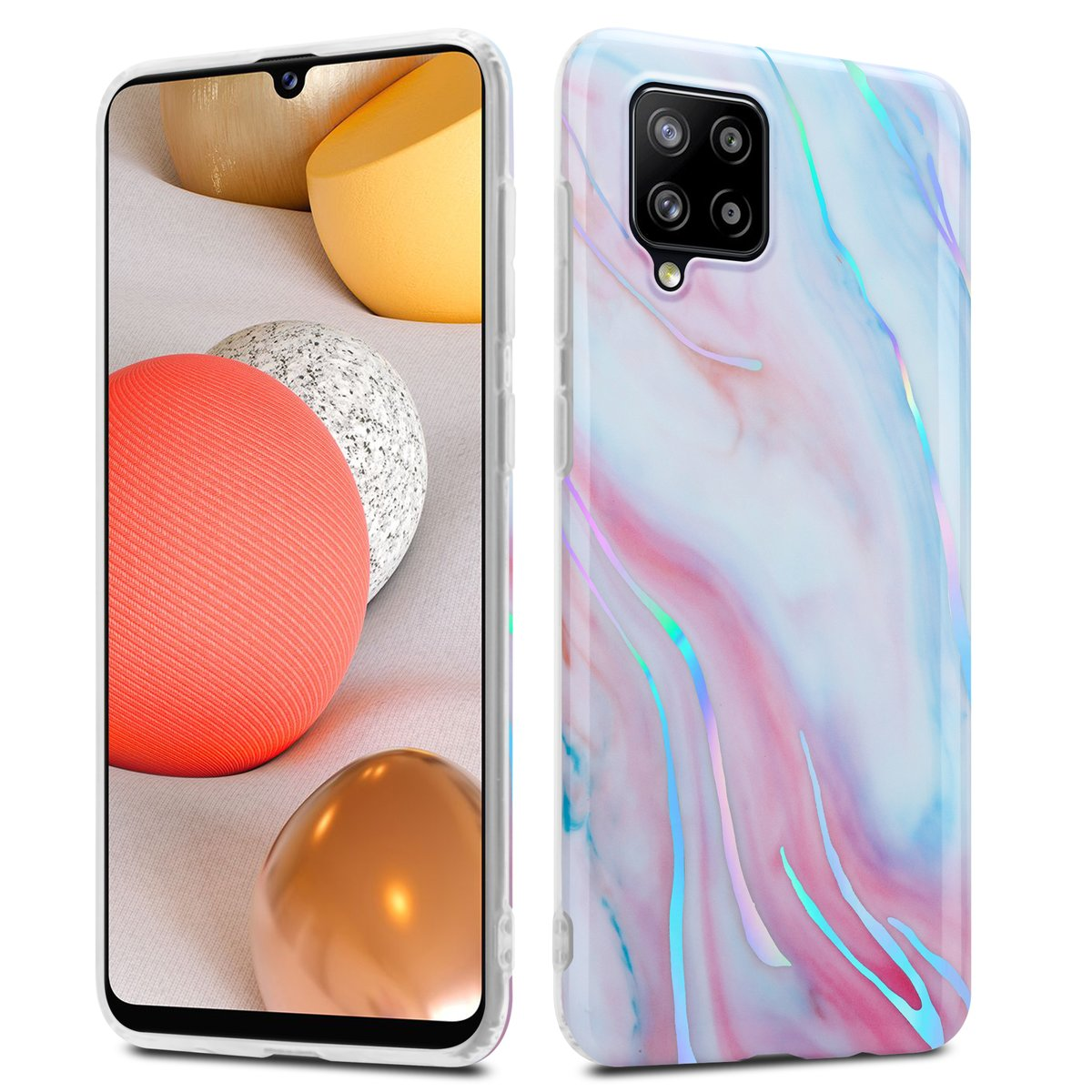 Vengono mostrati due telefoni con custodie. Le custodie hanno un design marmorizzato rosa, blu e bianco.
