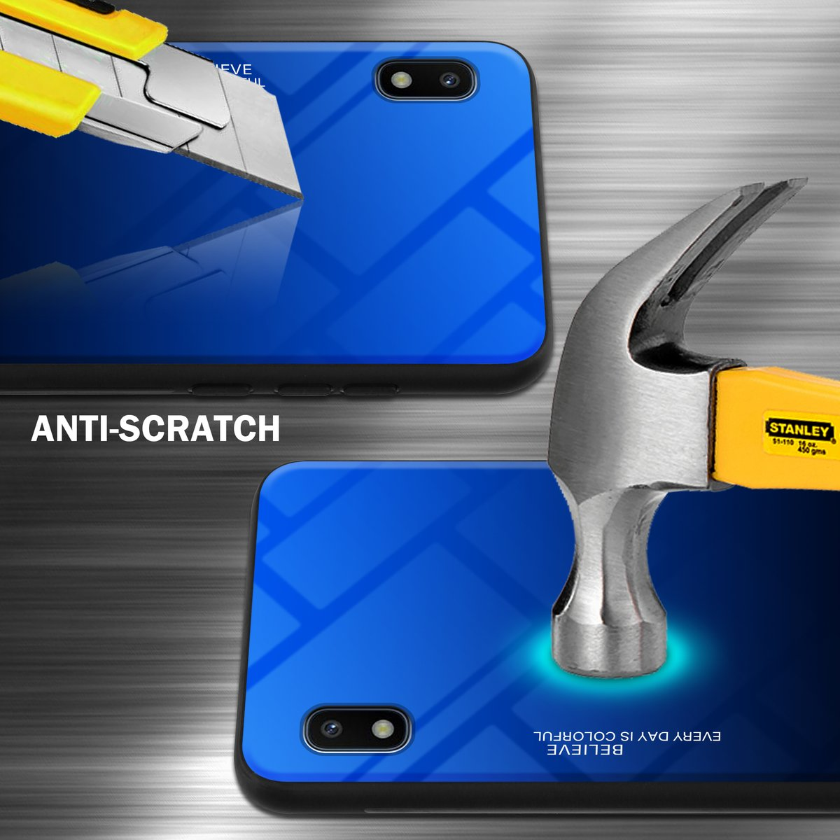 Schermo del telefono con sfumatura blu, coperto da una custodia trasparente. Un martello e un taglierino sono visualizzati sulla custodia.