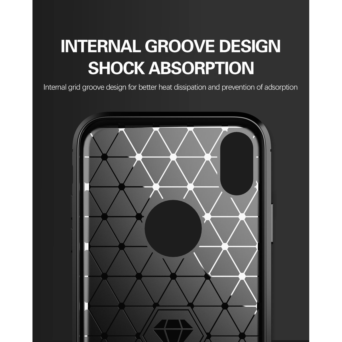 Un primo piano di una custodia per telefono con un motivo geometrico. È bianco e nero e su sfondo nero.