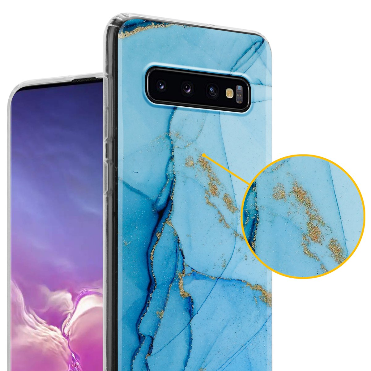 Una custodia per telefono con un design a marmo blu. La custodia è su un telefono con sfondo marmoreo. Il design è dettagliato.