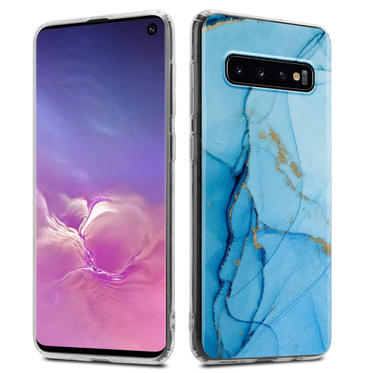 Due telefoni. Uno con un design in marmo blu, l'altro con lo schermo visibile. Lo sfondo è bianco.
