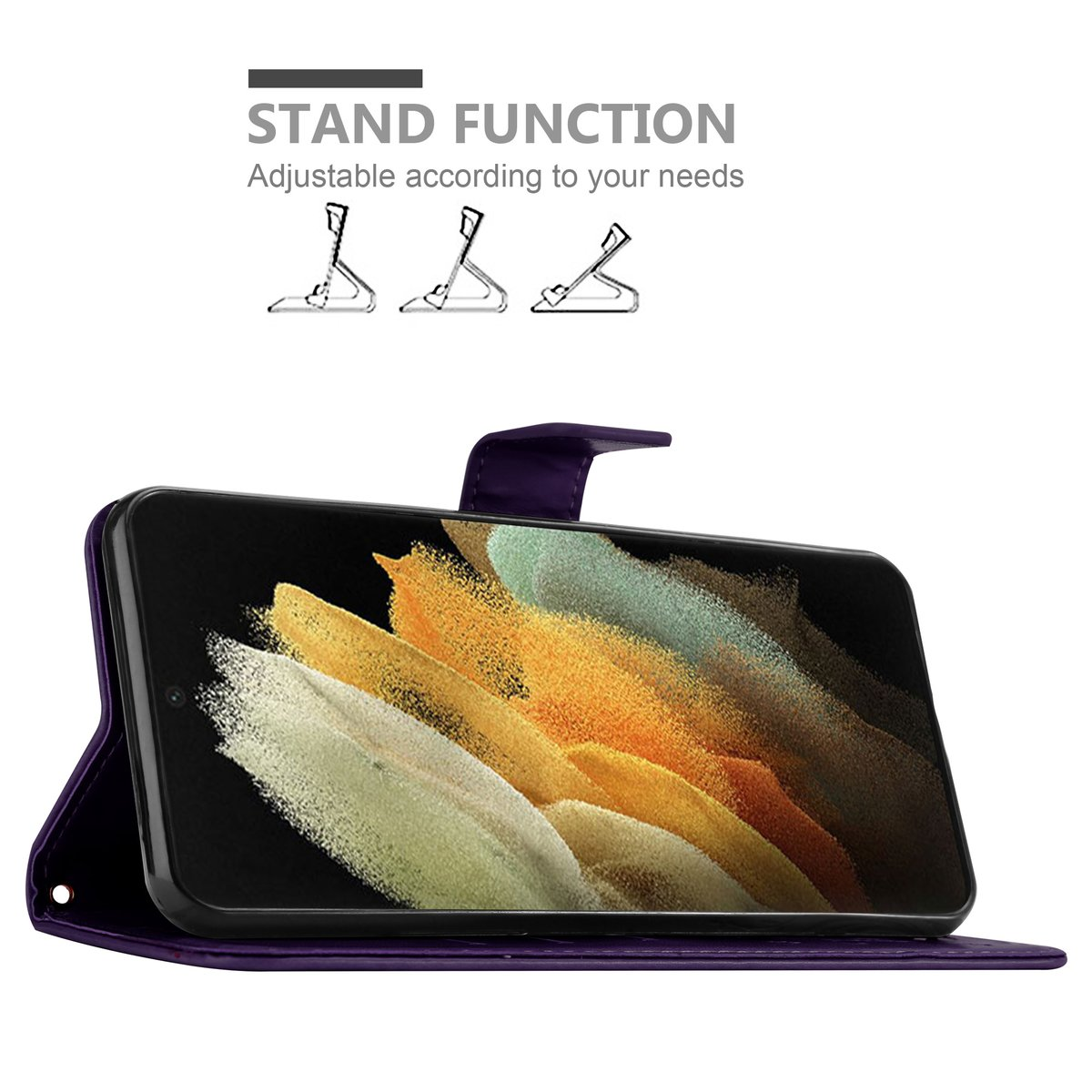 Un telefono in una custodia viola è aperto, che mostra un'immagine astratta colorata.