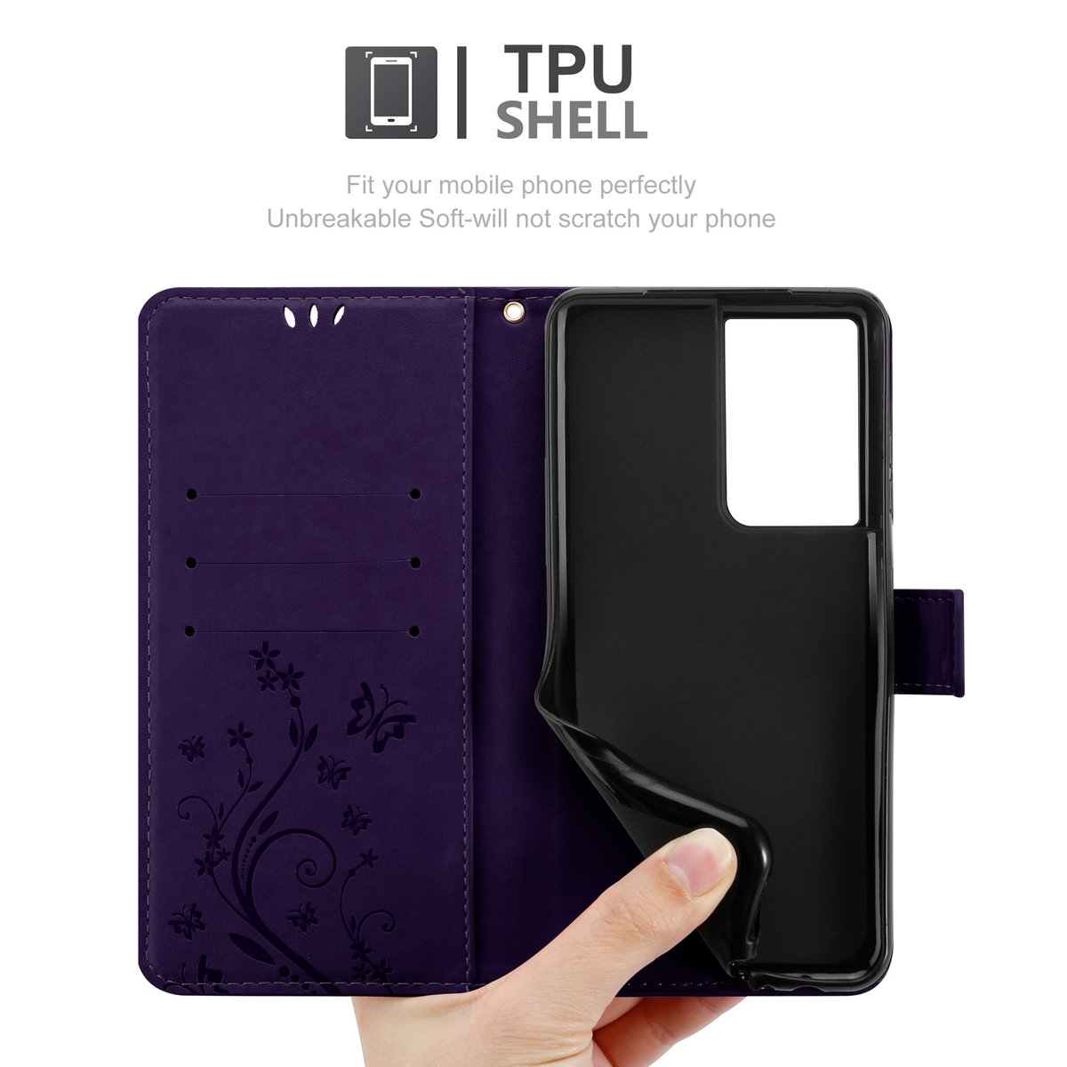 Una custodia viola per telefono è aperta, rivelando un telefono nero. La custodia ha un design floreale.