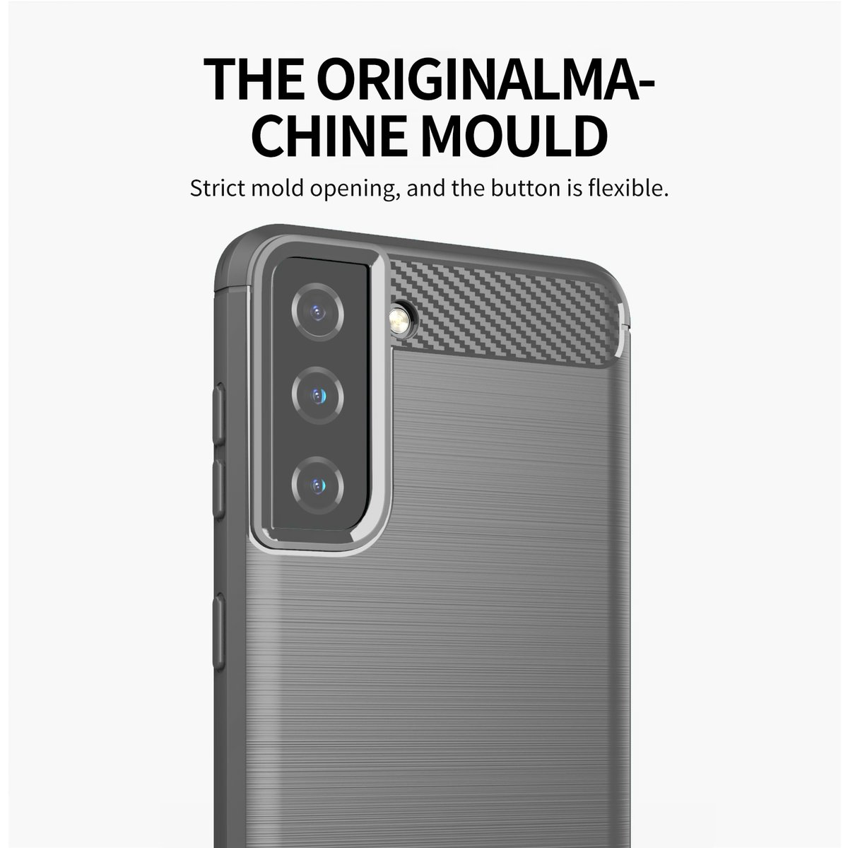 Primo piano di una custodia grigia per telefono con un rigonfiamento della fotocamera. Testo: Lo stampo originale della macchina. Apertura rigorosa dello stampo, pulsante flessibile.
