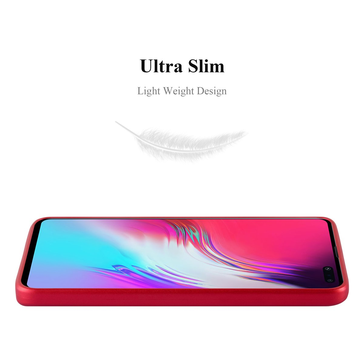 Custodia per telefono rossa con un telefono all'interno. Il testo recita "Ultra Slim" e "Light Weight Design".