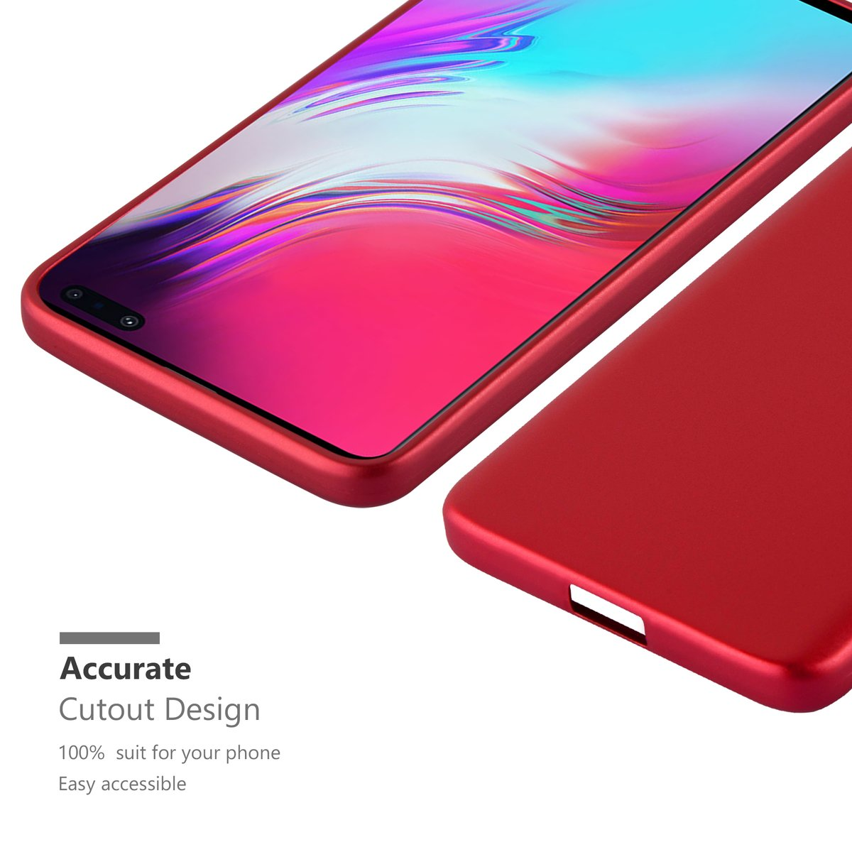 Custodia per telefono rossa con design ritagliato. La custodia è rossa e ha una superficie liscia.