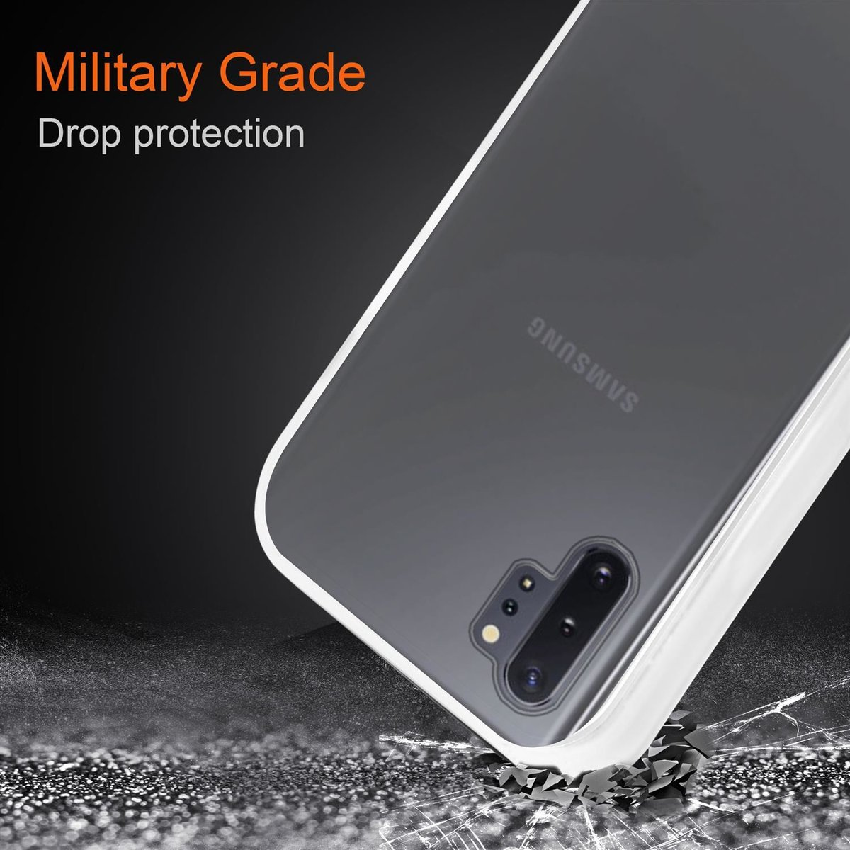 Una custodia trasparente su un telefono. Il telefono è angolato verso sinistra. Testo di protezione dalle cadute di grado militare.