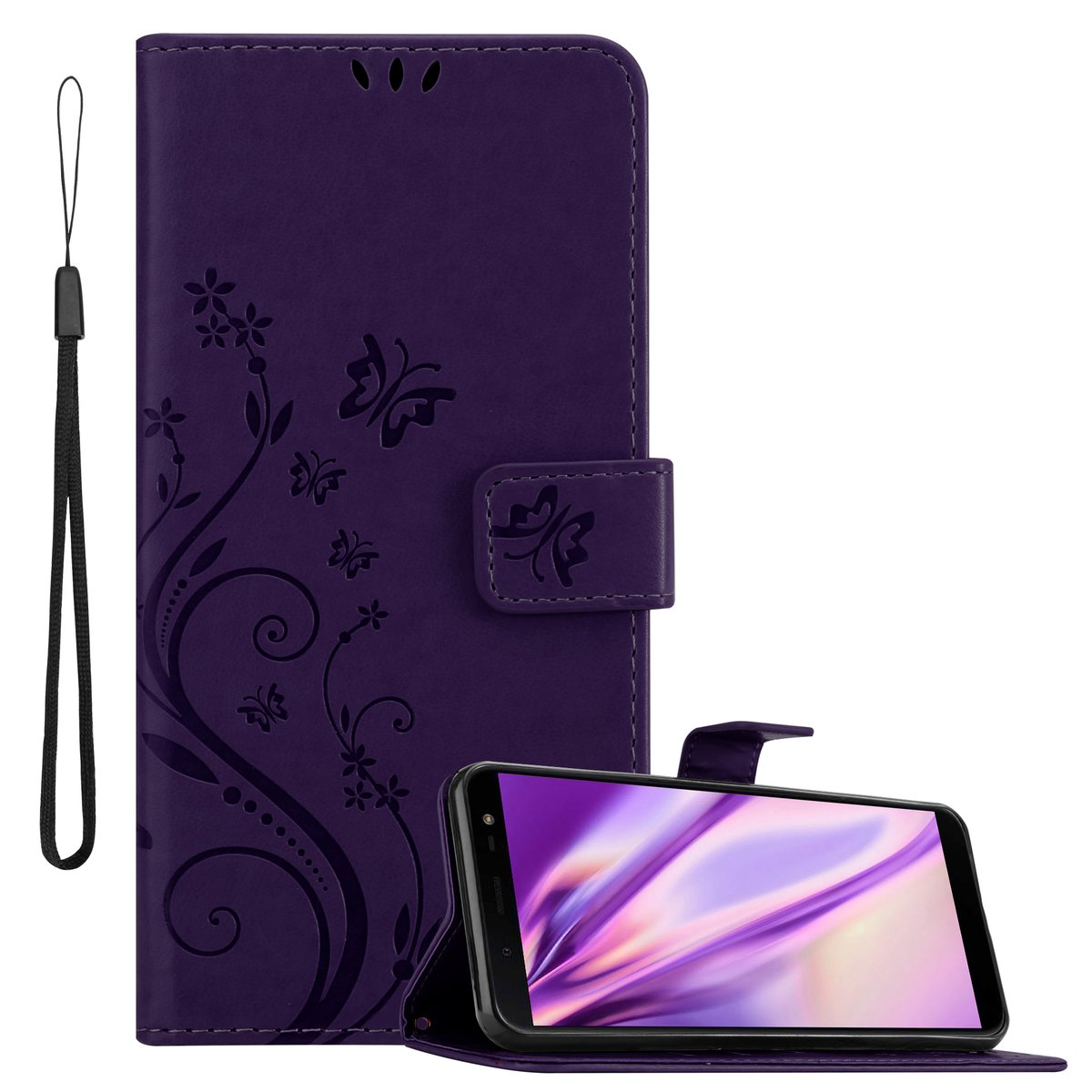 Lila Handyhülle mit Blumendesign, Telefon in der Hülle. Inklusive Handschlaufe.