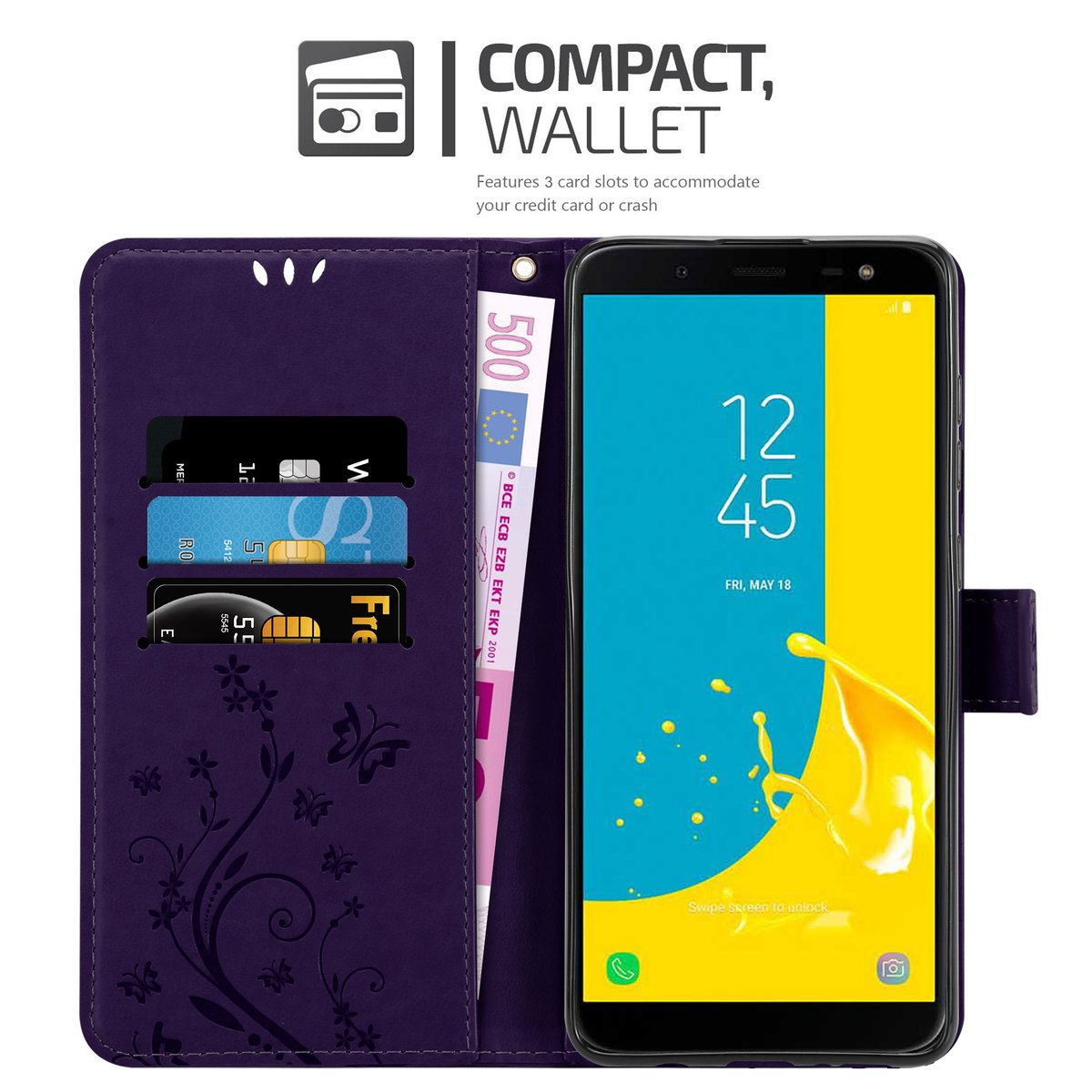 Handyhülle mit Karten und Geld. Text: 'COMPACT, WALLET'. Telefon mit gelbem Spritzer auf dem Bildschirm.