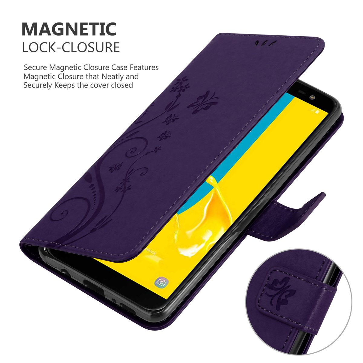 Lila Handyhülle geöffnet, um ein Telefon zu zeigen. Die Hülle hat ein Blumendesign und einen Magnetverschluss.