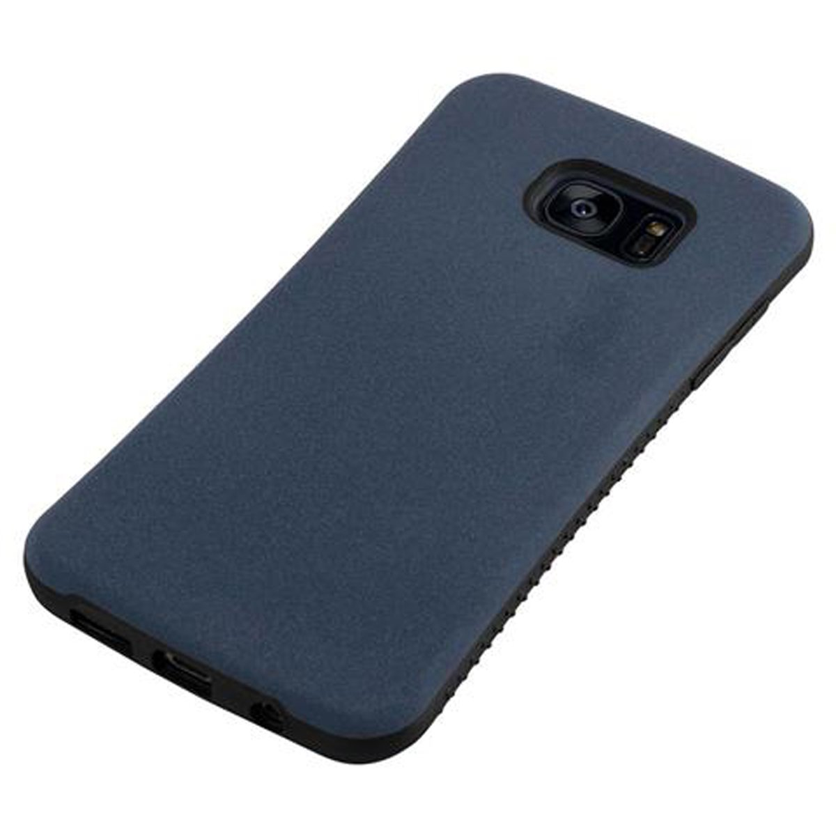 Una custodia per telefono blu navy con un foro per la fotocamera. La custodia ha una finitura opaca e giace piatta.