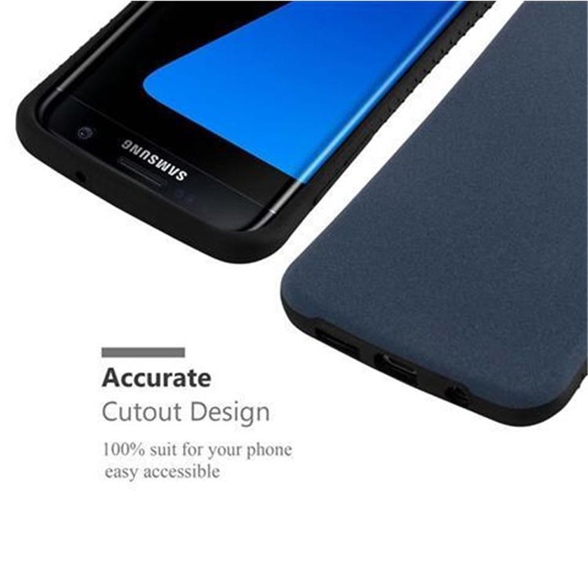 Primo piano del telefono e della custodia blu scuro. Testo: Design di ritaglio accurato, facile accesso.