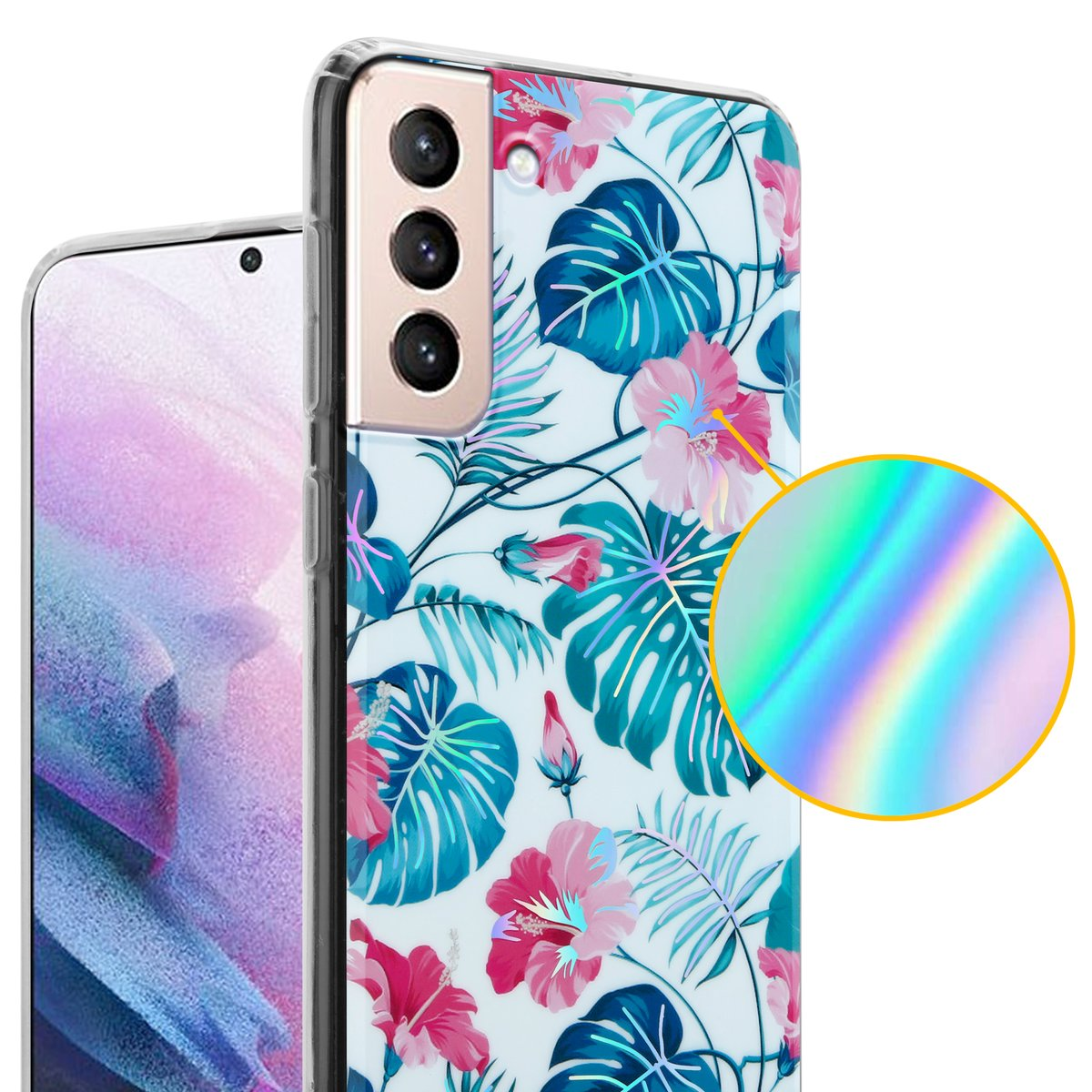 Custodia per telefono con un motivo floreale. Un telefono a sinistra. Dettaglio cerchio olografico a destra.