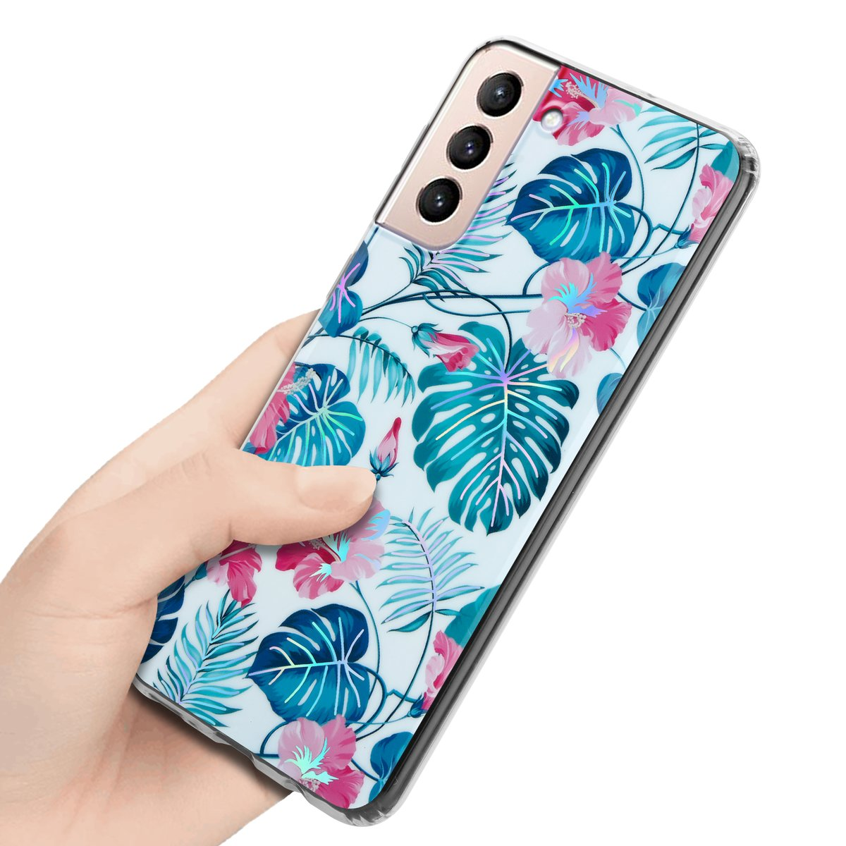 Mano che tiene un telefono con una custodia floreale. La custodia ha foglie e fiori blu, rosa e verdi.