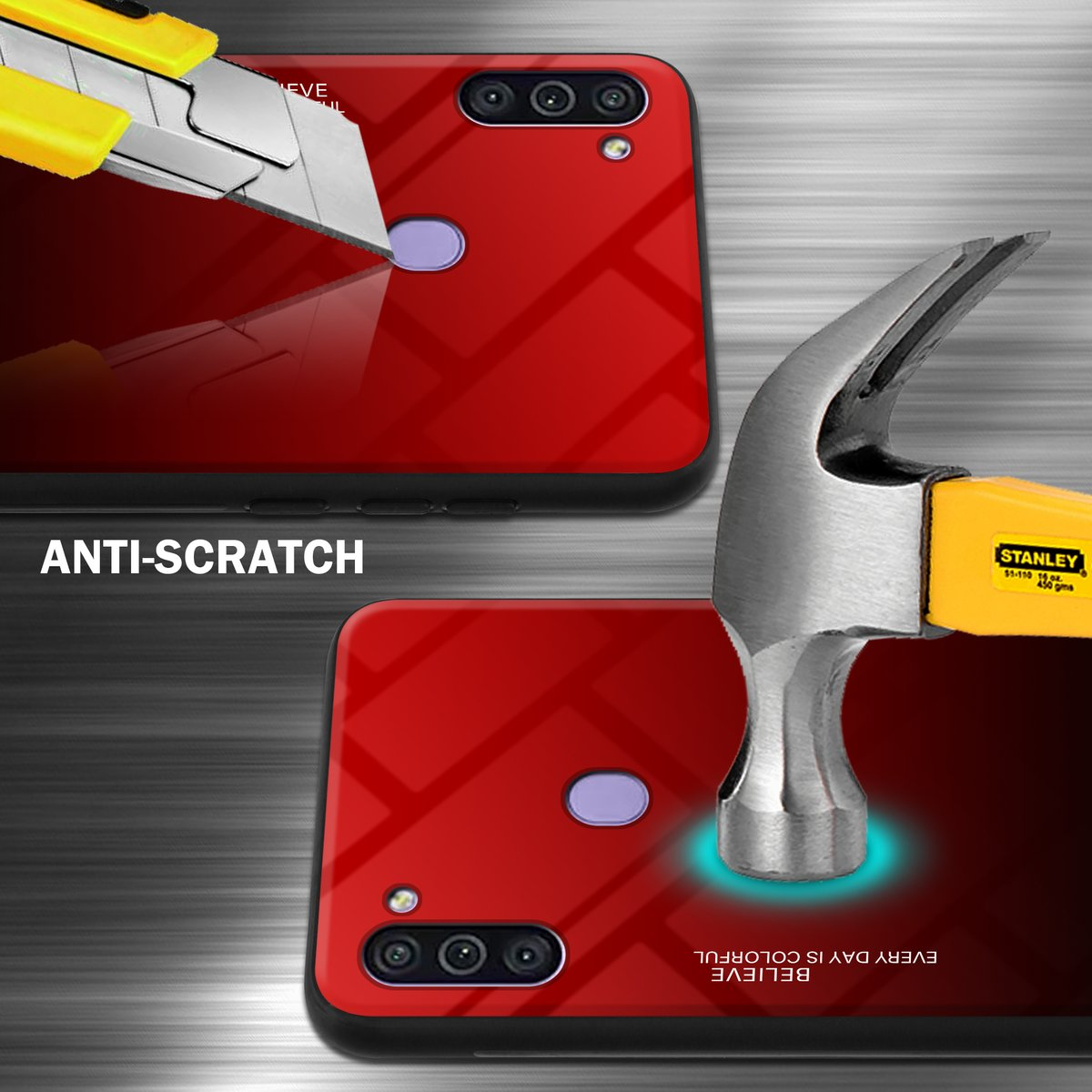 Due custodie per telefono con retro rosso. L'immagine mostra un coltello e un martello che graffiano la custodia.