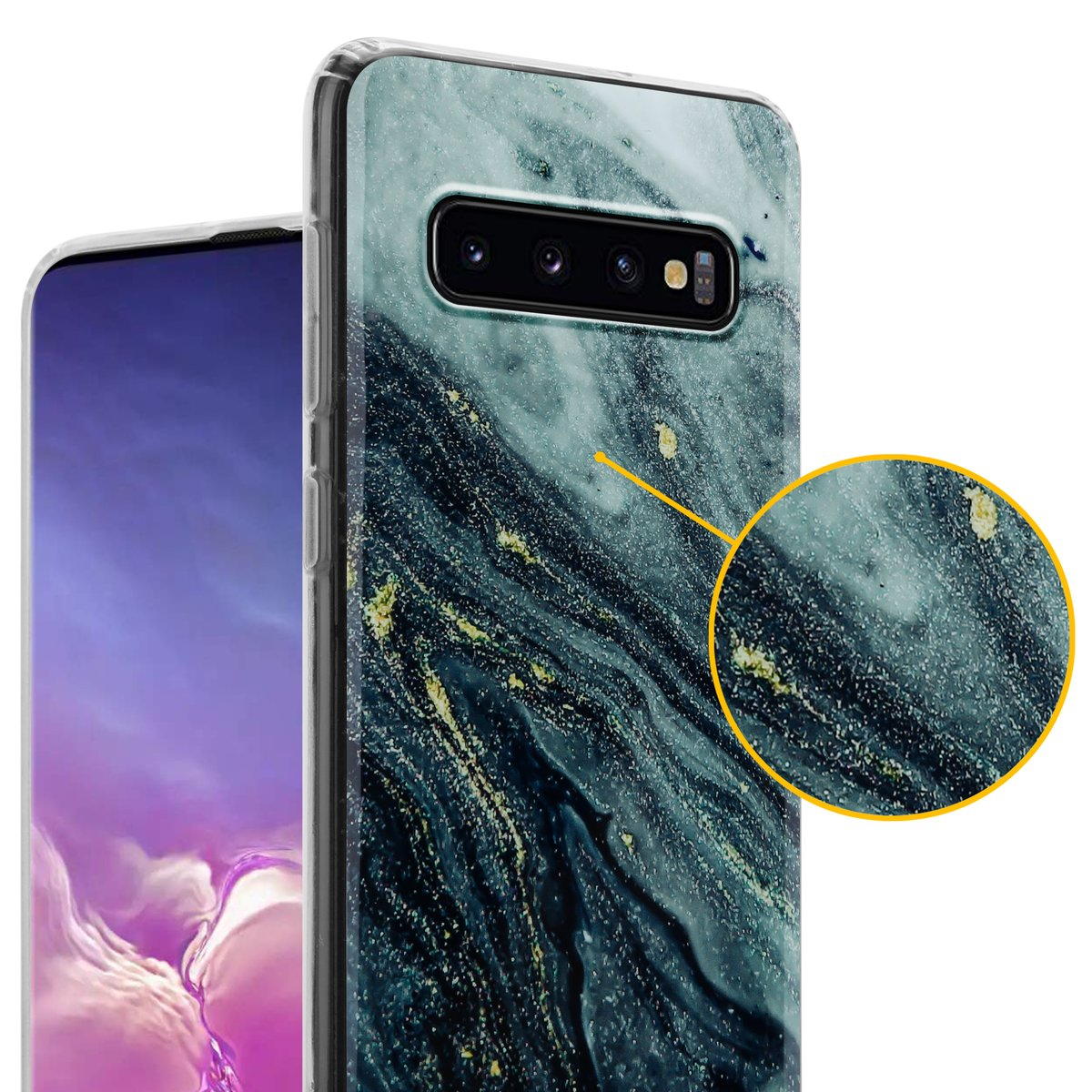 Un telefono in una custodia in marmo verde acqua con macchie dorate. Primo piano sulla custodia mostra maggiori dettagli.