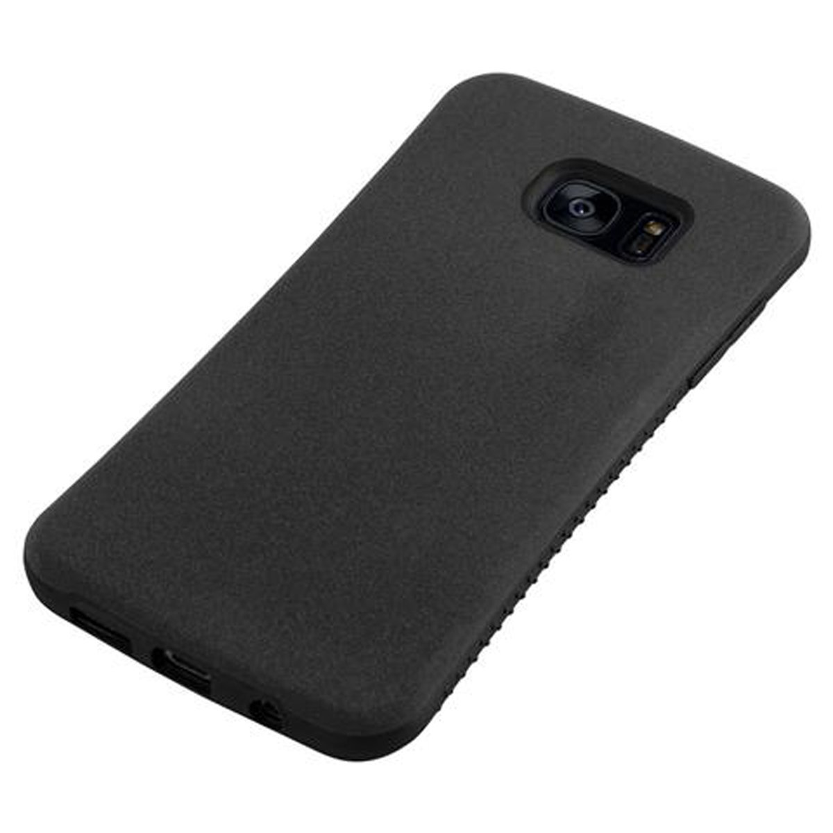 Custodia nera per telefono. È rettangolare con un ritaglio per la fotocamera.