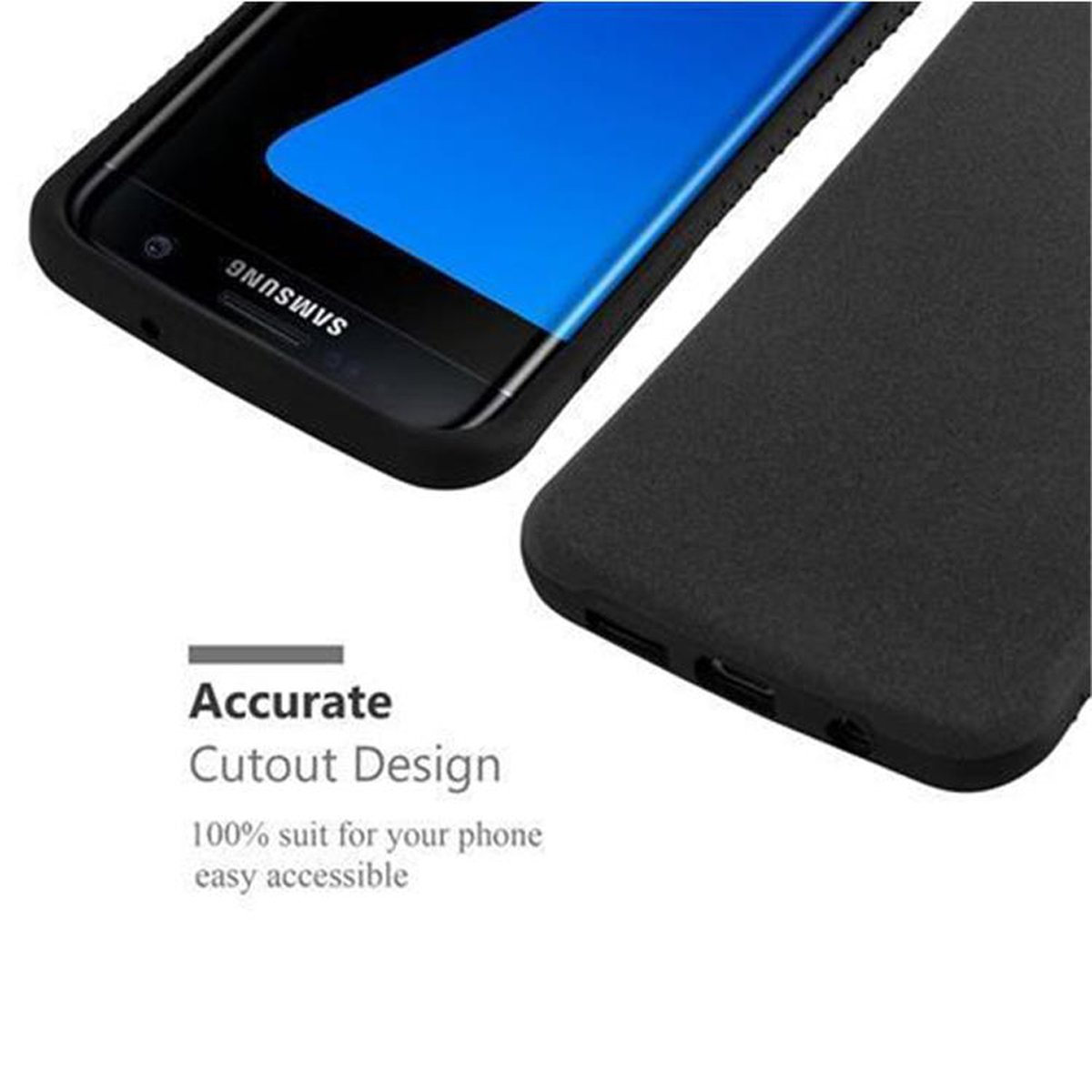 Un telefono e una custodia. Il telefono è nero con una custodia nera. Il testo recita Accurate Cutout Design.