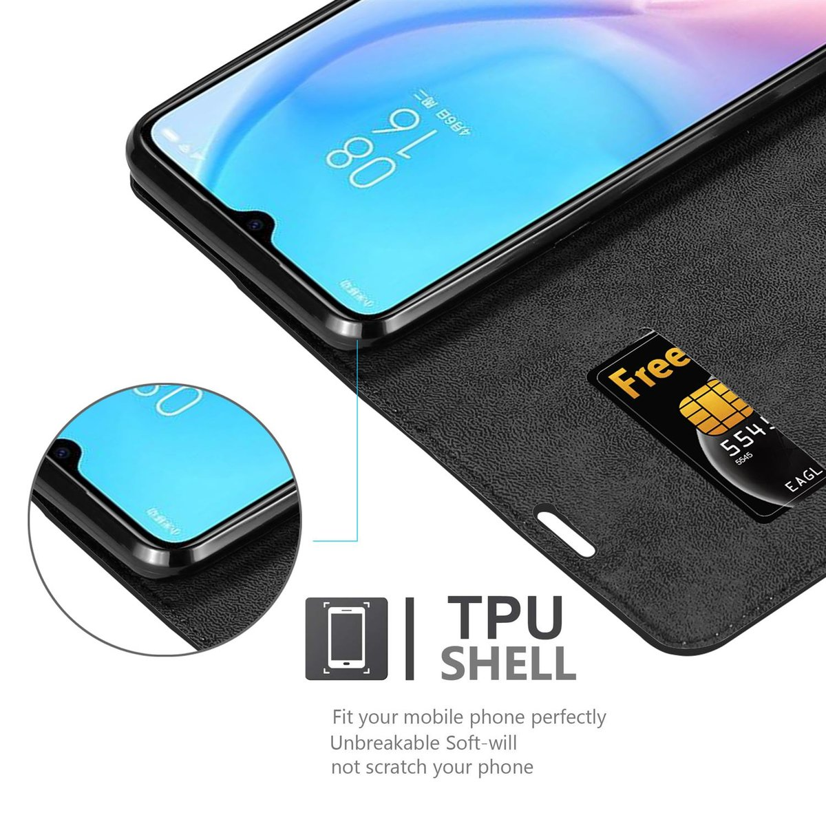 Primo piano del telefono in una custodia a portafoglio. Schermo del telefono visibile. Carta gratuita nello slot. Custodia nera.