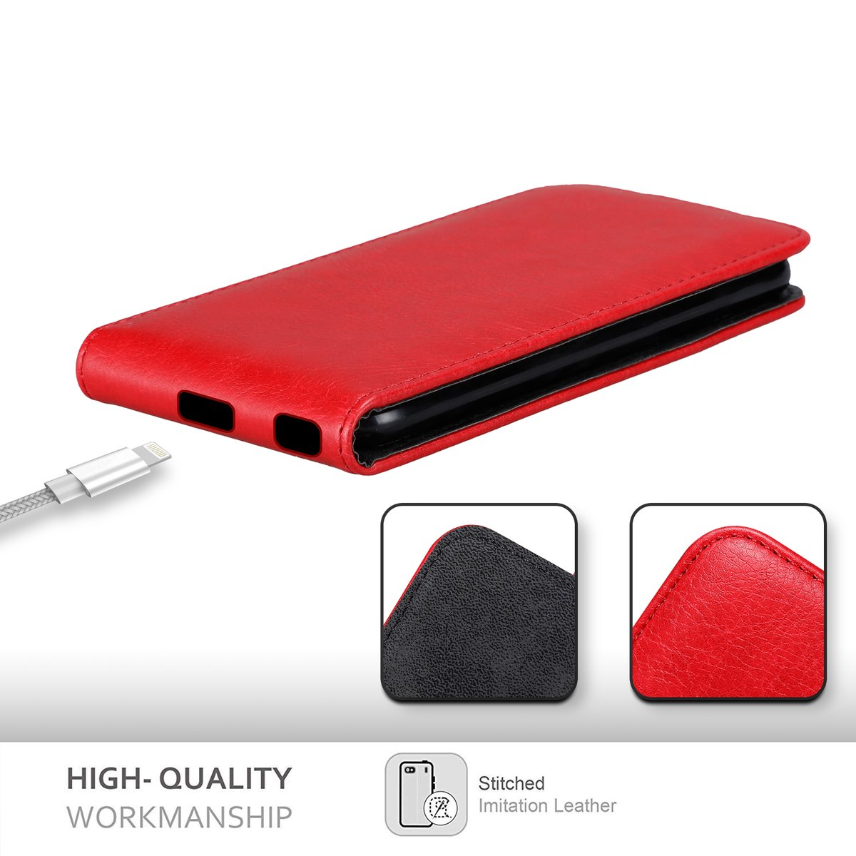 Custodia rossa con telefono. Primi piani di cuciture e dettagli in similpelle.