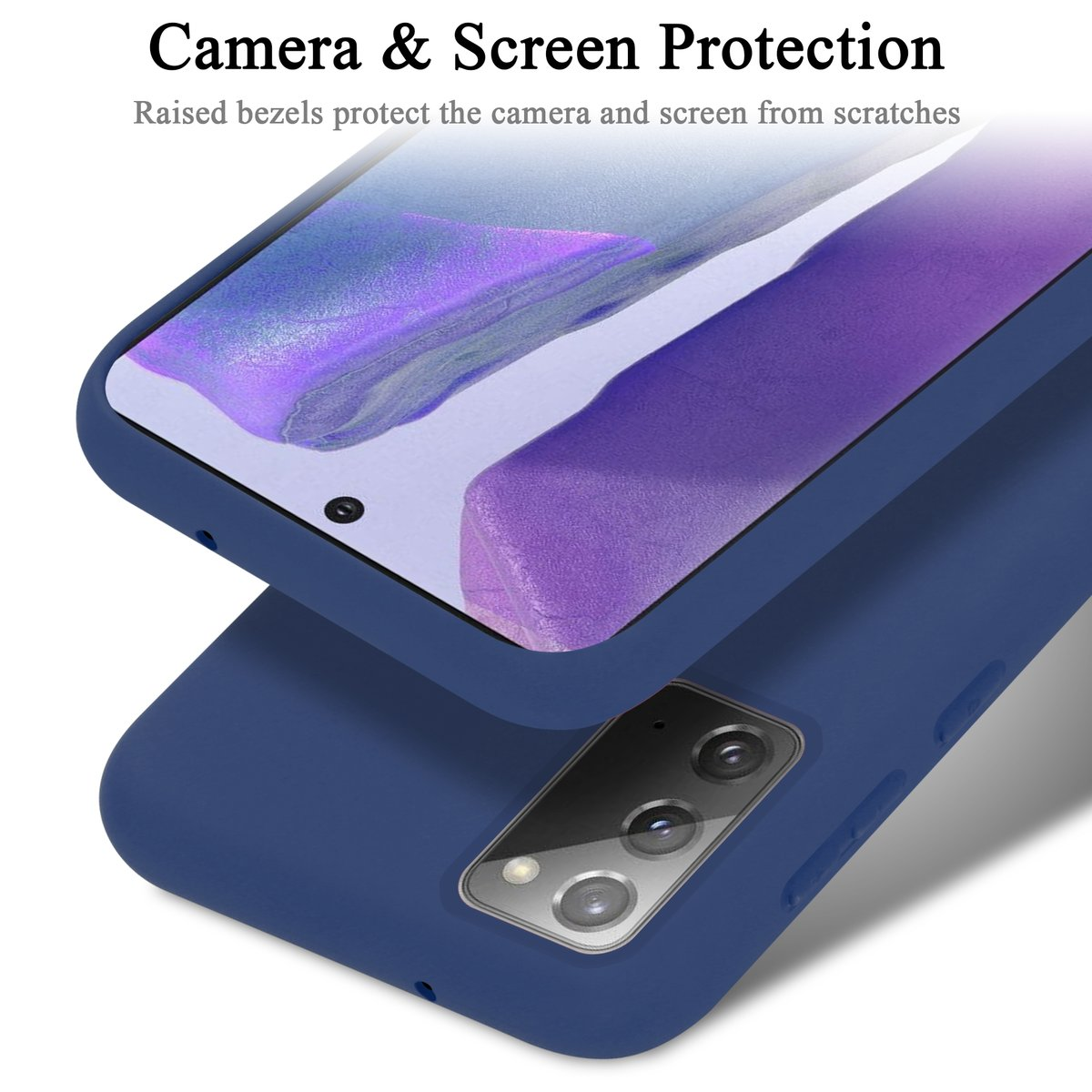 Custodia per telefono, blu, con il telefono all'interno, che mostra la protezione della fotocamera.