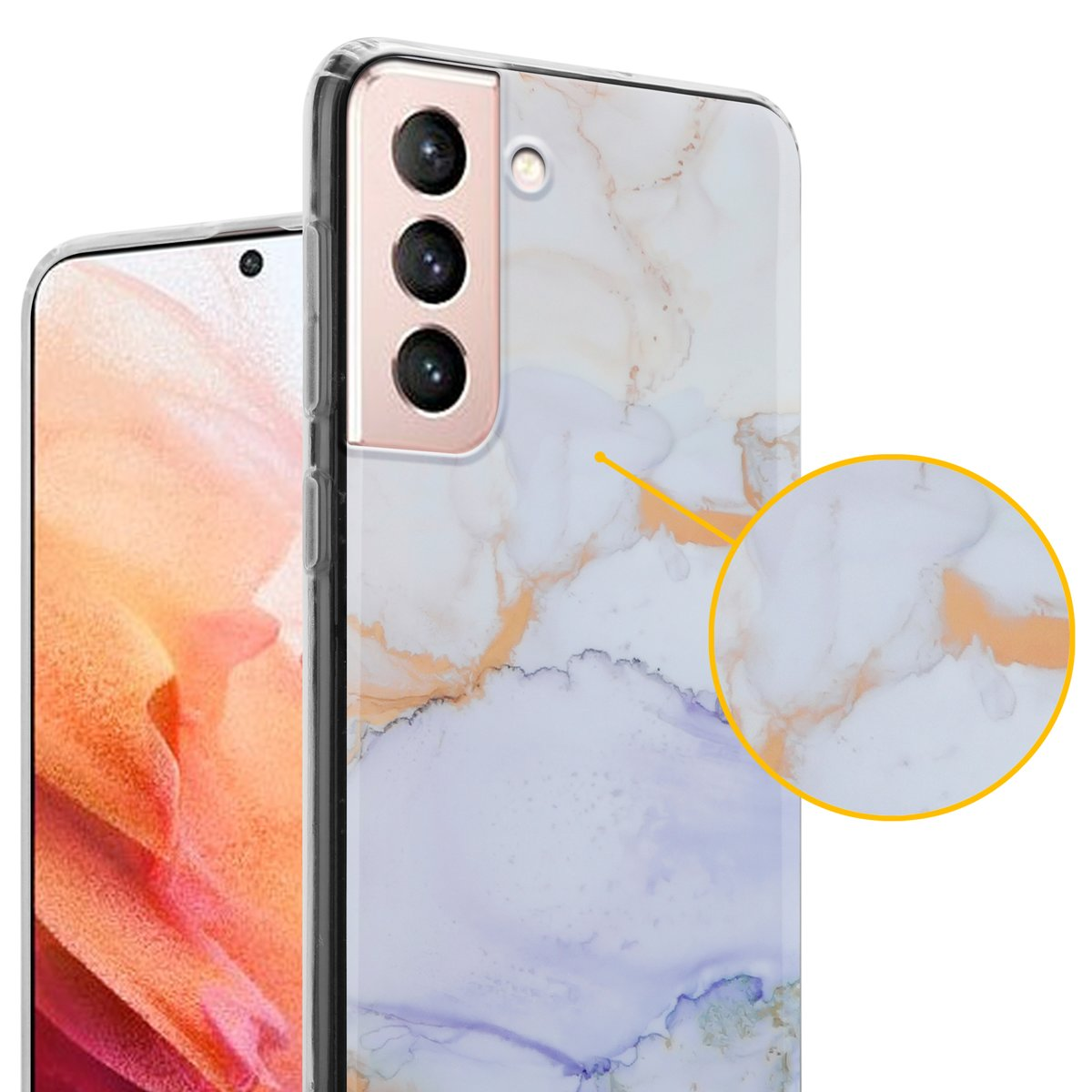 Custodia per telefono con design marmoreo, con il telefono parzialmente visibile sul lato.