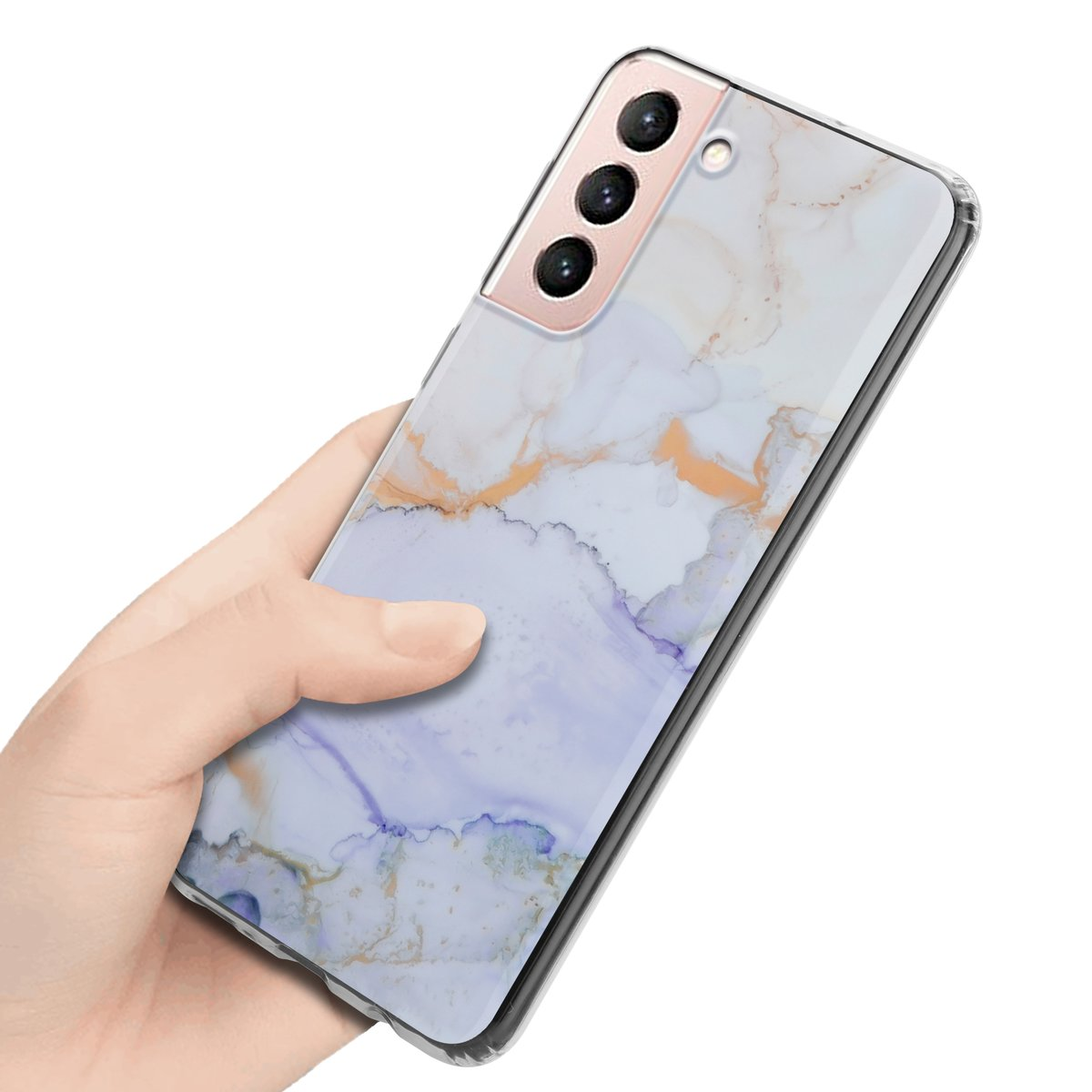 Una mano che tiene un telefono con una custodia trasparente. La custodia ha un design marmorizzato.